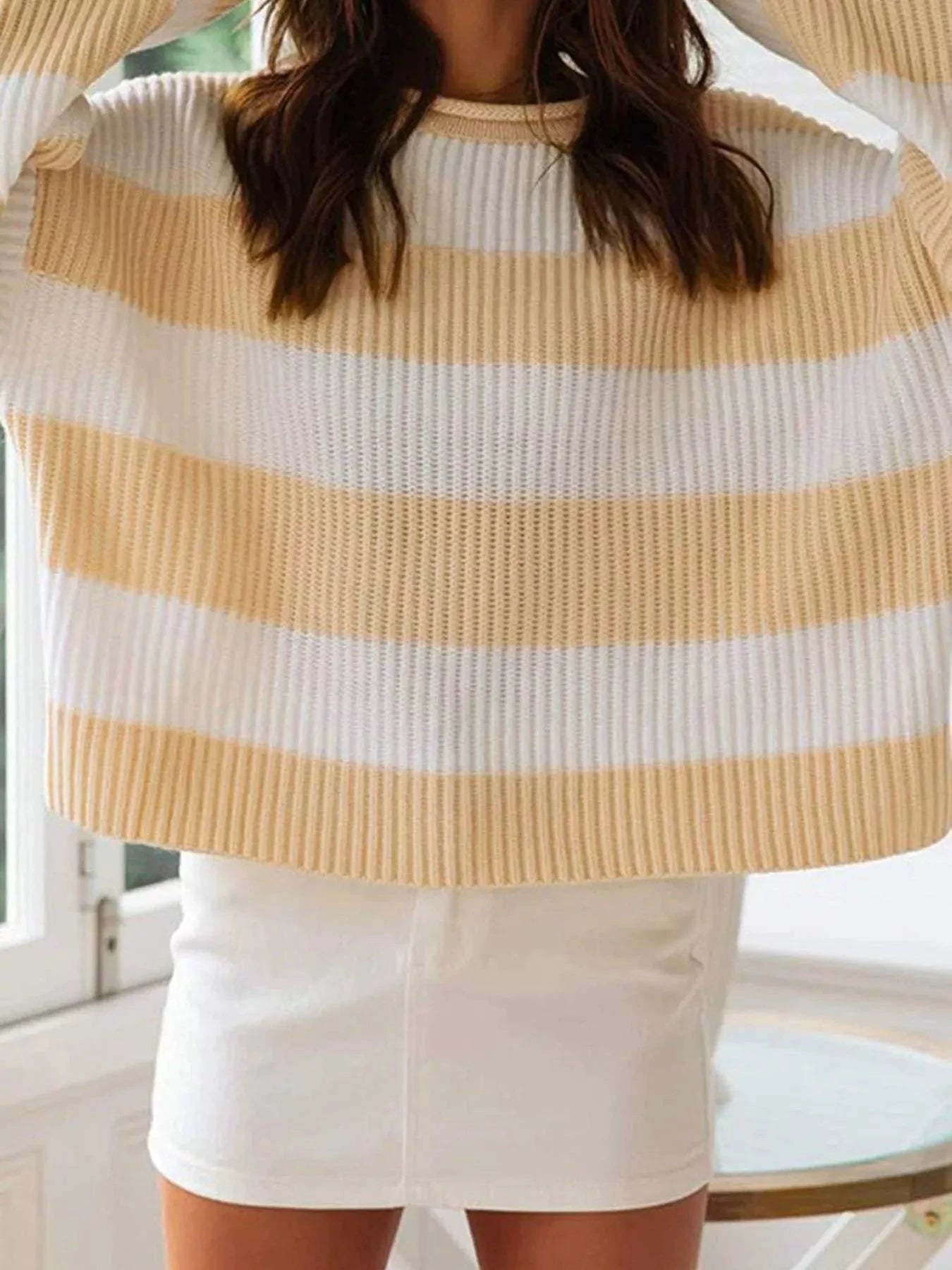 Full Size Contrast Striped Round Neck Sweater Plus Size by Trendsi