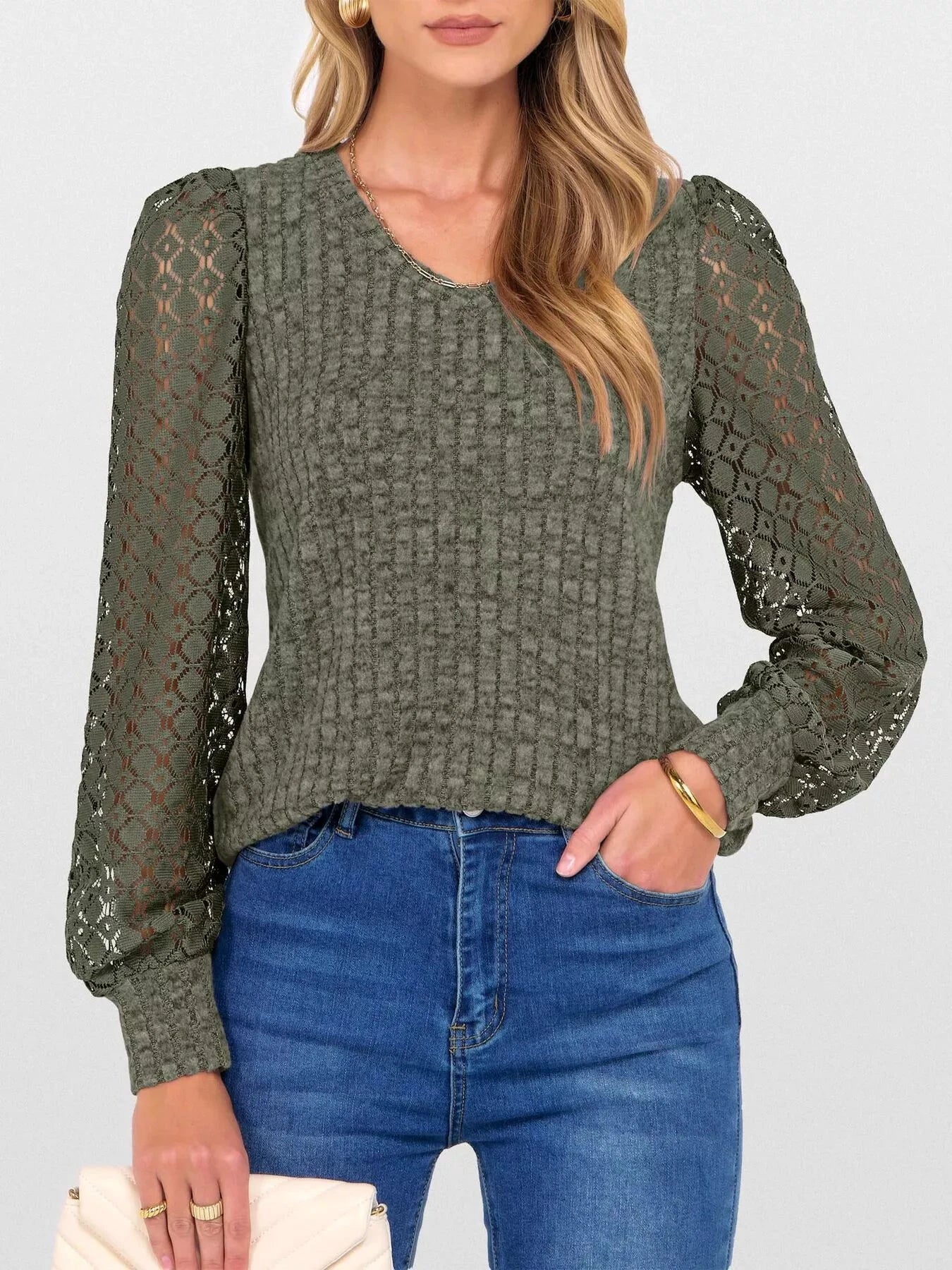 Lace Sleeve V-Neck T-Shirt by Trendsi