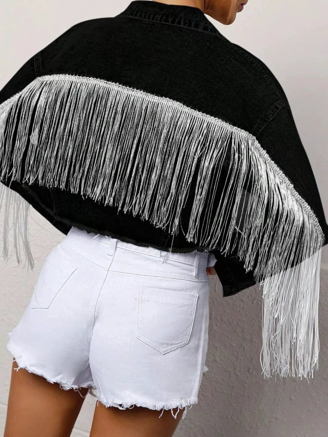 Fringe Button Up Cropped Denim Jacket by Trendsi