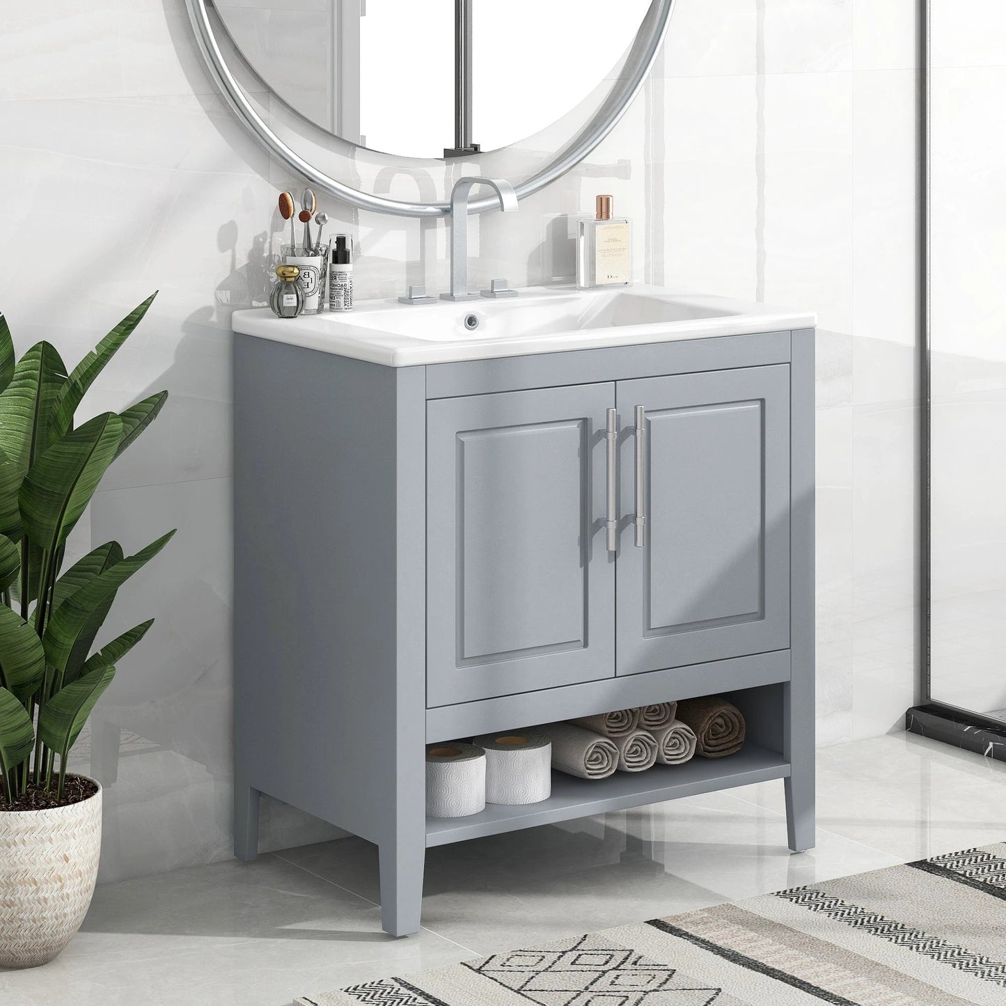 30" Bathroom Vanity with Sink, Multi-functional Bathroom Cabinet with Doors and Drawers, Solid Frame and MDF Board, Grey by eprolo