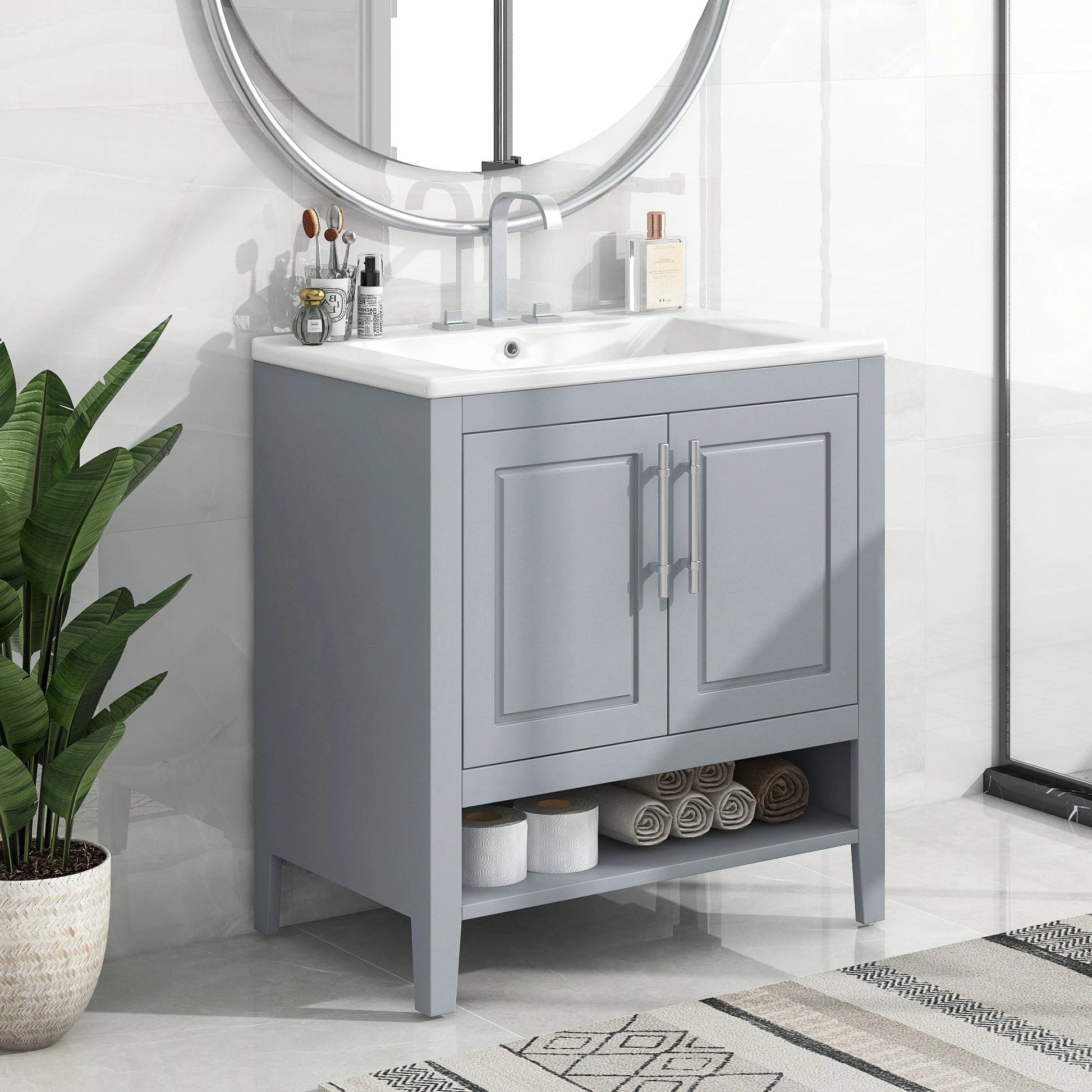 30" Bathroom Vanity with Sink, Multi-functional Bathroom Cabinet with Doors and Drawers, Solid Frame and MDF Board, Grey by eprolo
