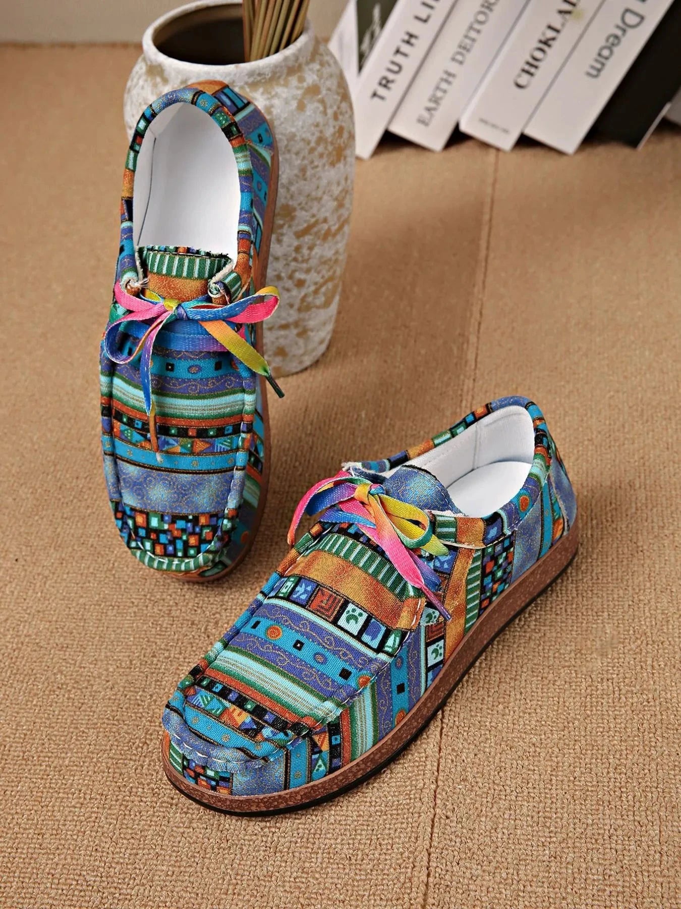 Printed Lace Up Sneakers by Trendsi