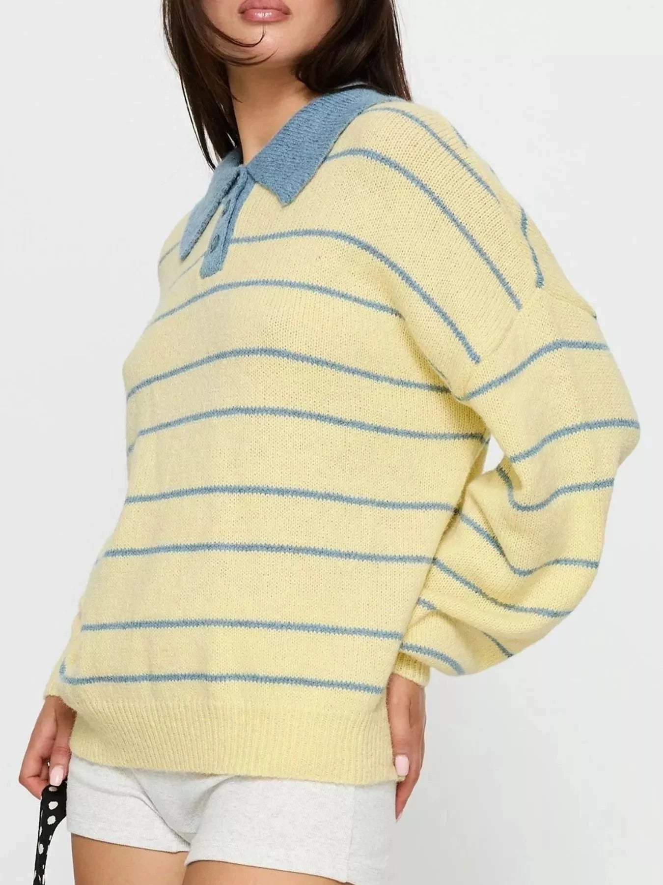 Striped Polo Collar Long Sleeve Sweater by Trendsi