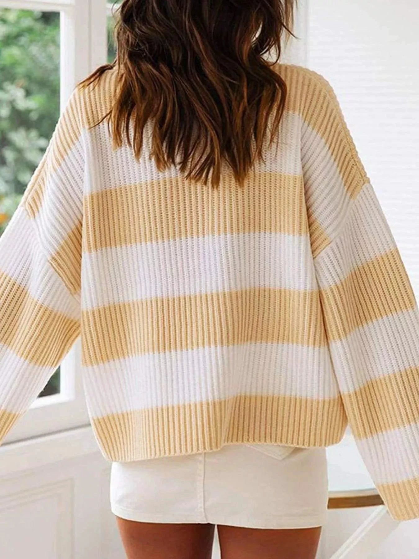 Full Size Contrast Striped Round Neck Sweater Plus Size by Trendsi