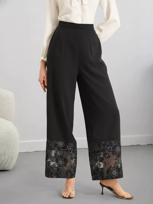 Floral Lace Hem Wide Leg Pants by Trendsi