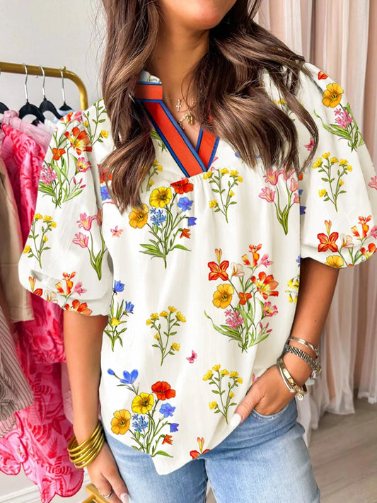 Floral Print Puff Sleeve Blouse by Trendsi