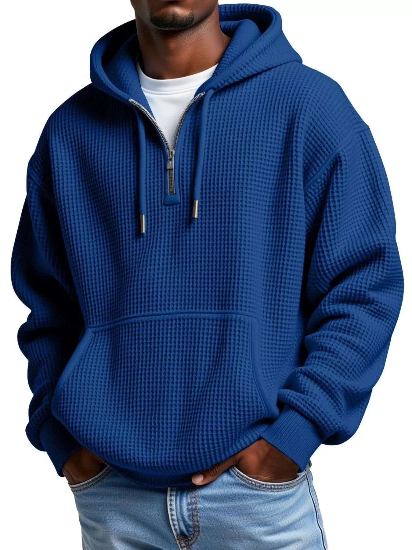 Men's Full Size Textured Waffle Knit Half-Zip Hoodie Plus Size by Trendsi