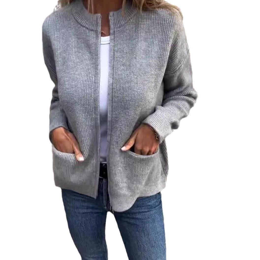New Solid Color Casual Coat Zipper Sweater Cardigan