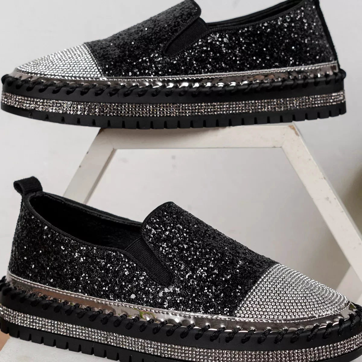 Rhinestone Sequin Round Toe Platform Loafers by Trendsi