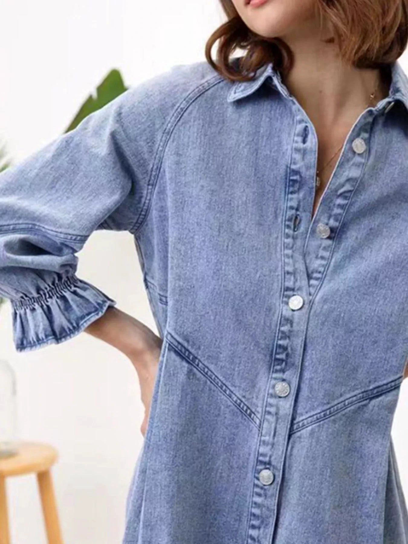 Ruffled Cuff Button-Down Denim Dress by Trendsi