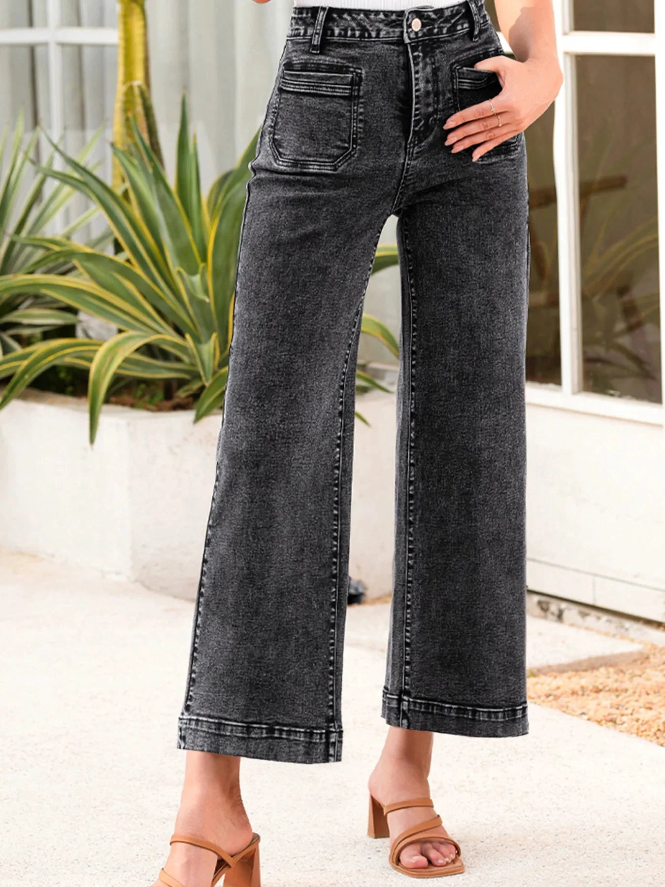High-Waisted Wide Leg Washed Jeans by Trendsi