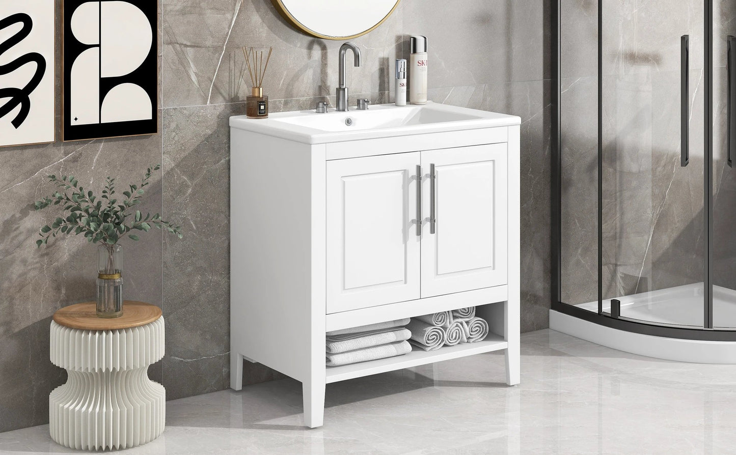 30" Bathroom Vanity with Sink Multi-functional Bathroom Cabinet with Doors and Drawers Solid Frame and MDF Board, White by eprolo