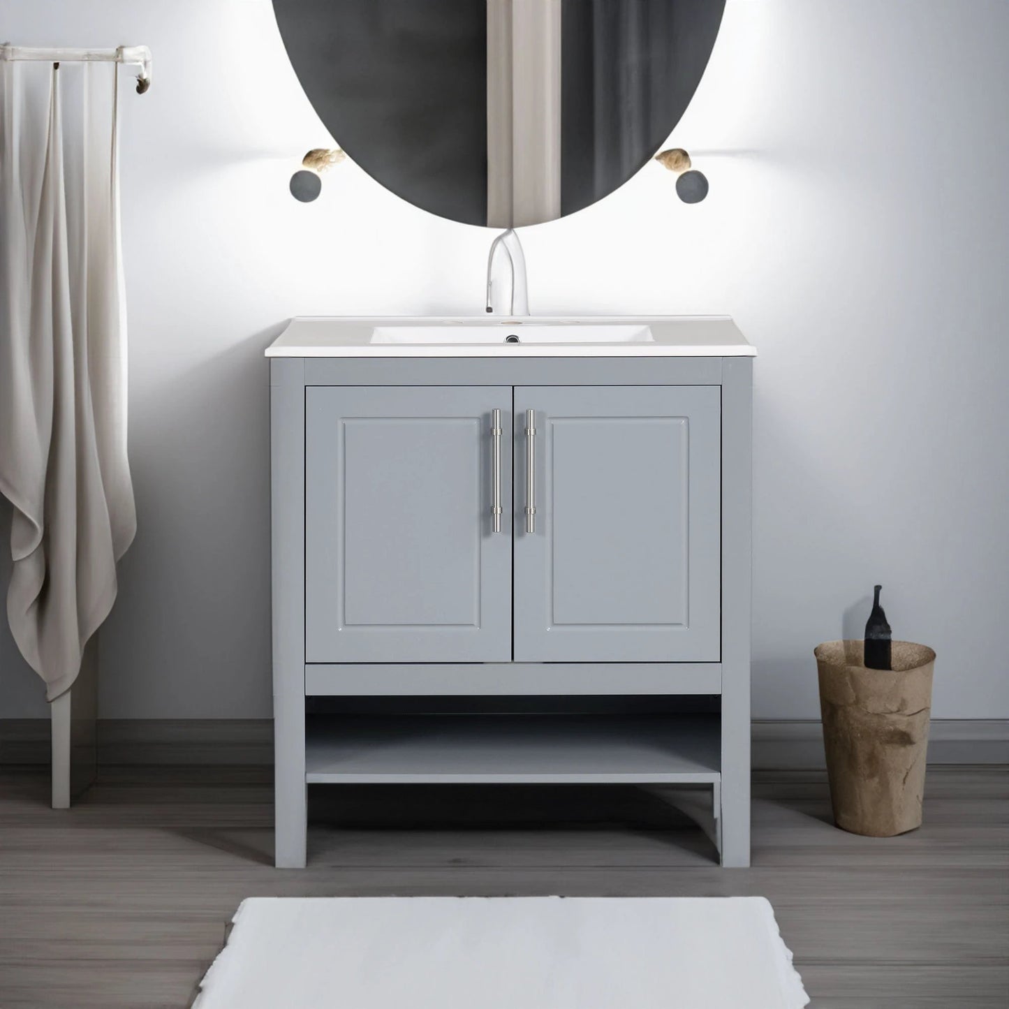 30" Bathroom Vanity with Sink, Multi-functional Bathroom Cabinet with Doors and Drawers, Solid Frame and MDF Board, Grey by eprolo