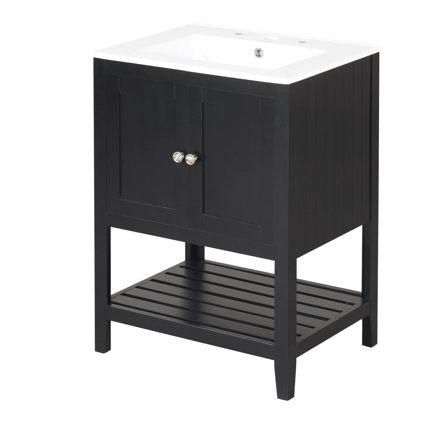 24" Black Modern Sleek Bathroom Vanity Elegant Ceramic Sink with Solid Wood Frame Open Style Shelf by eprolo