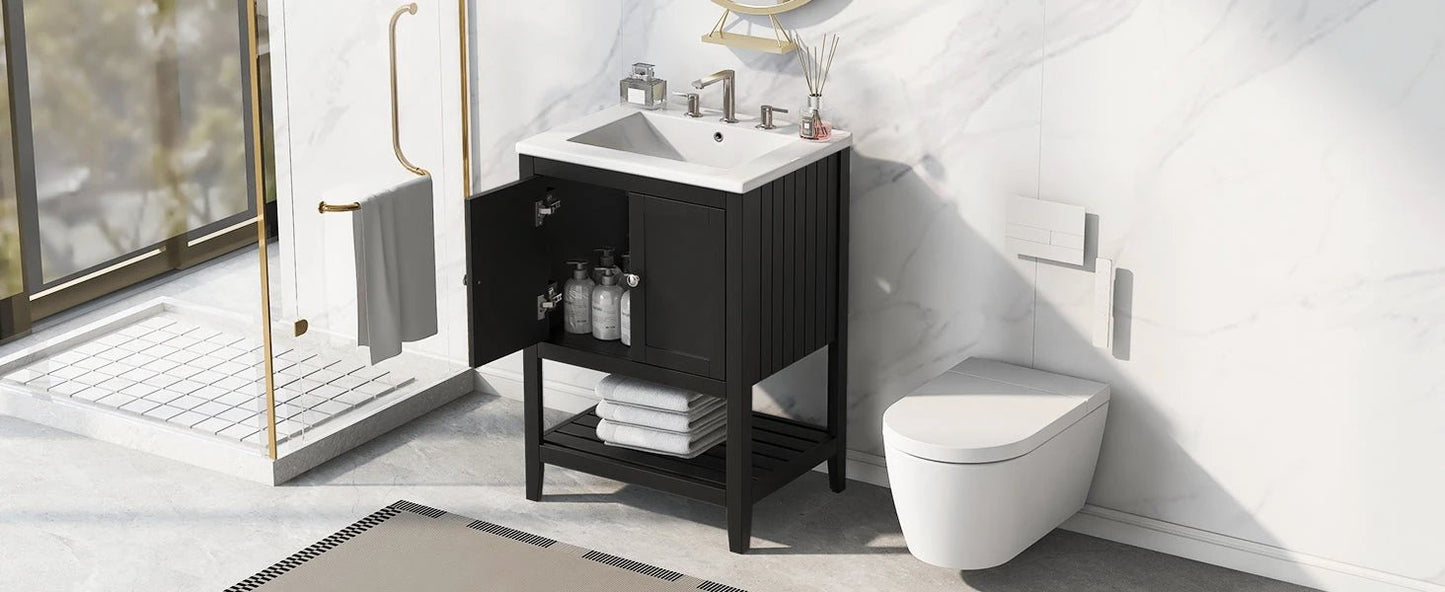 24" Black Modern Sleek Bathroom Vanity Elegant Ceramic Sink with Solid Wood Frame Open Style Shelf by eprolo