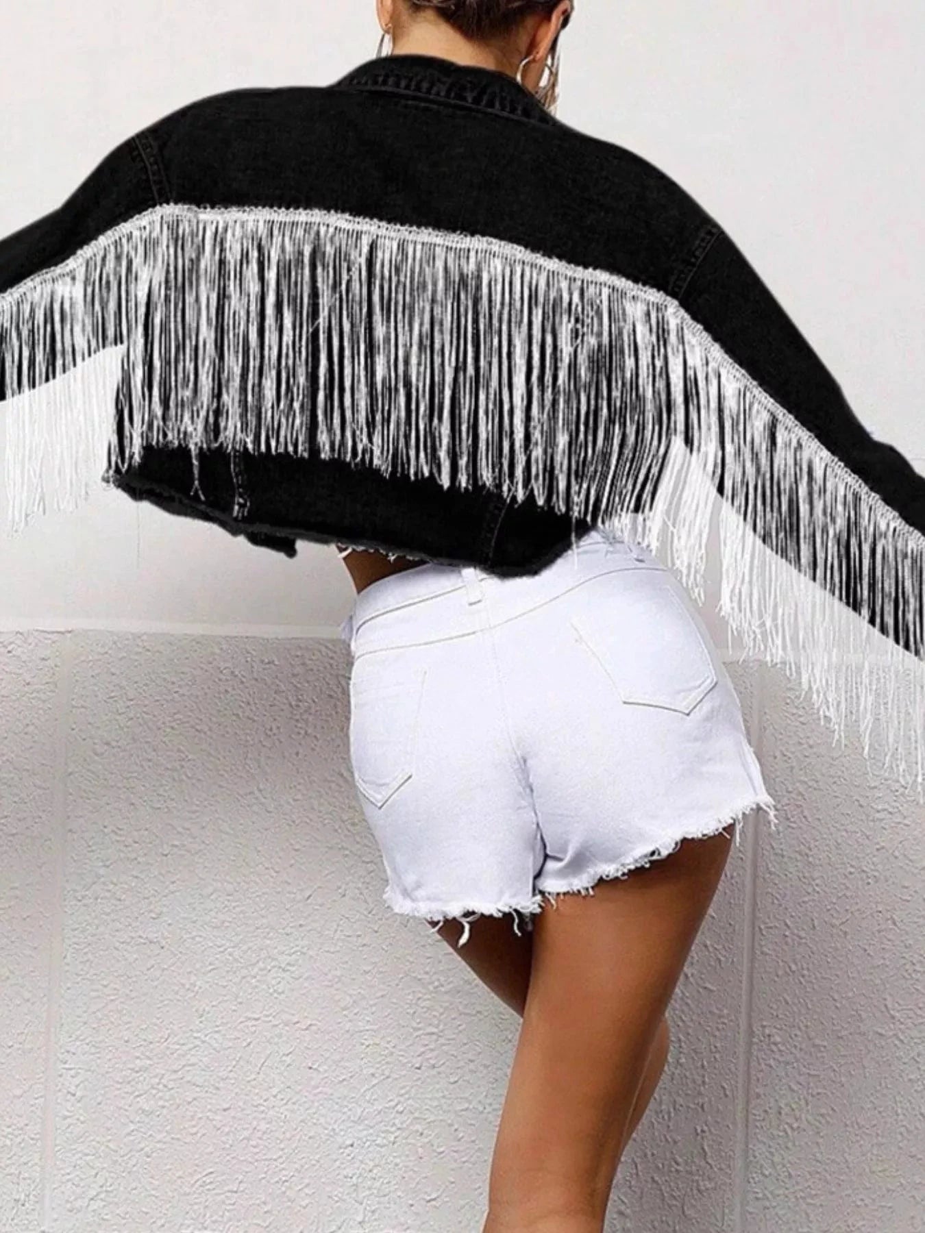 Fringe Button Up Cropped Denim Jacket by Trendsi