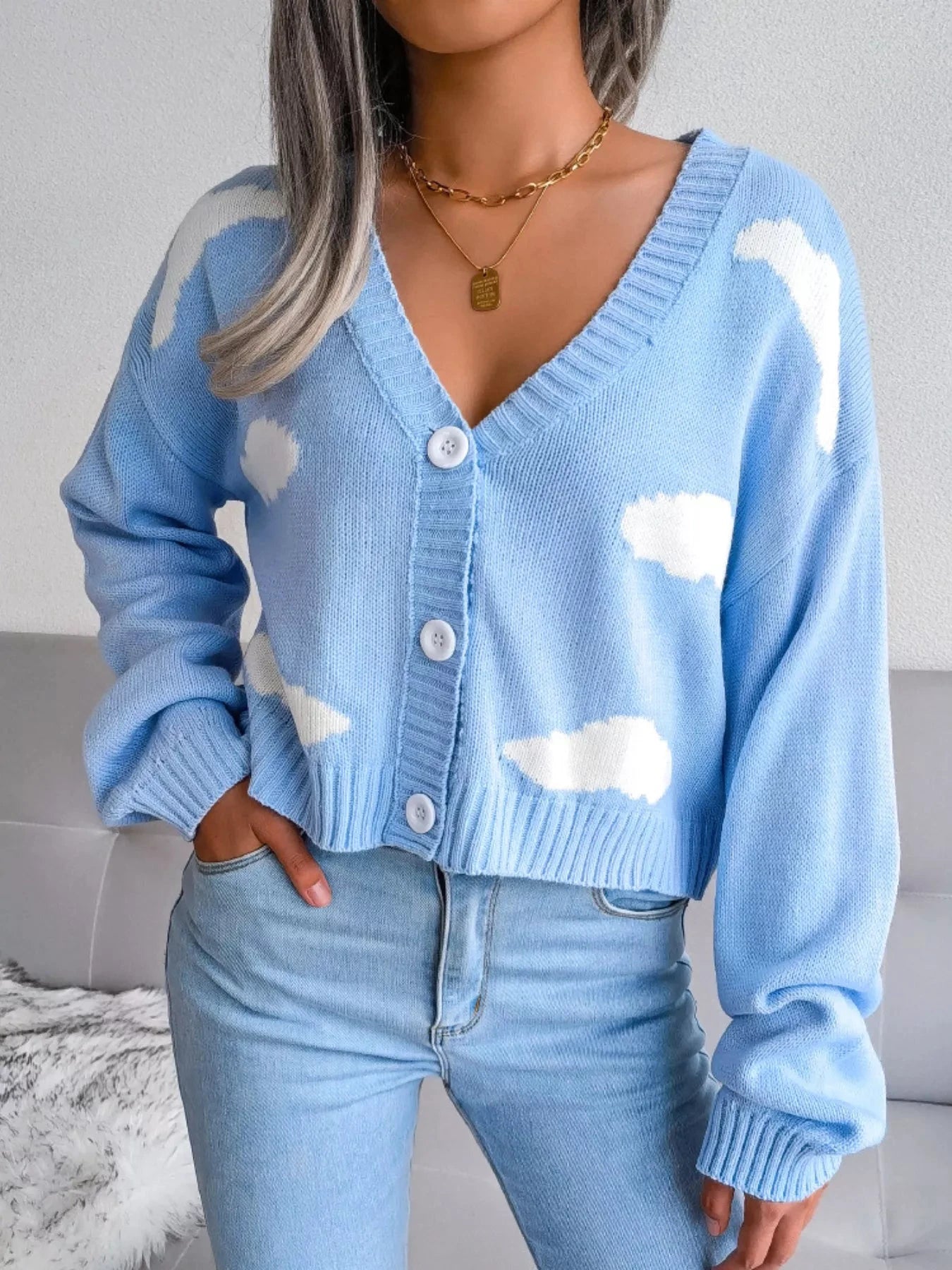 Cloud Pattern Button-Up Cropped Cardigan by Trendsi