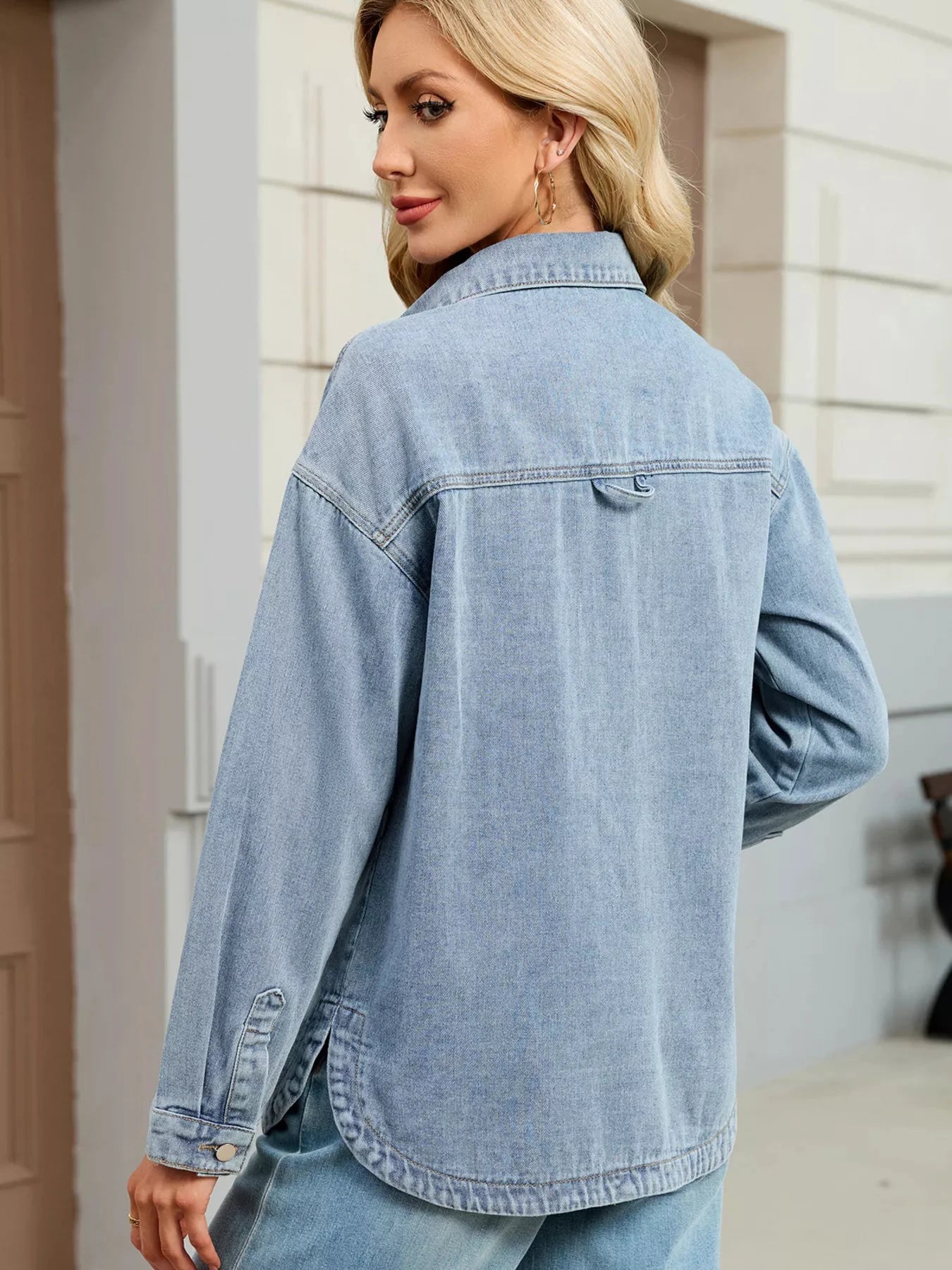 Button Up Dropped Shoulder Denim Jacket by Trendsi