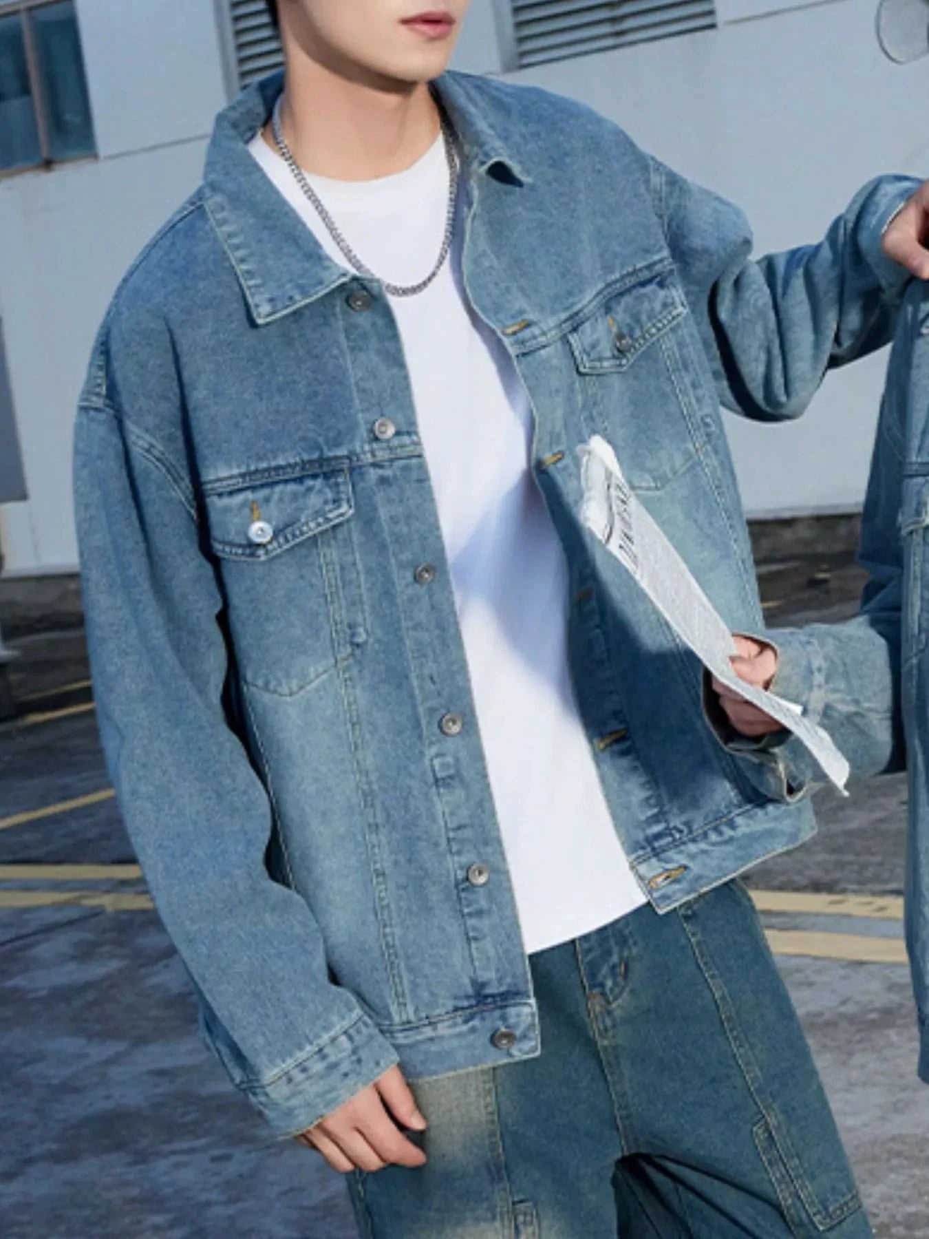 Men's Button Up Long Sleeve Denim Jacket by Trendsi