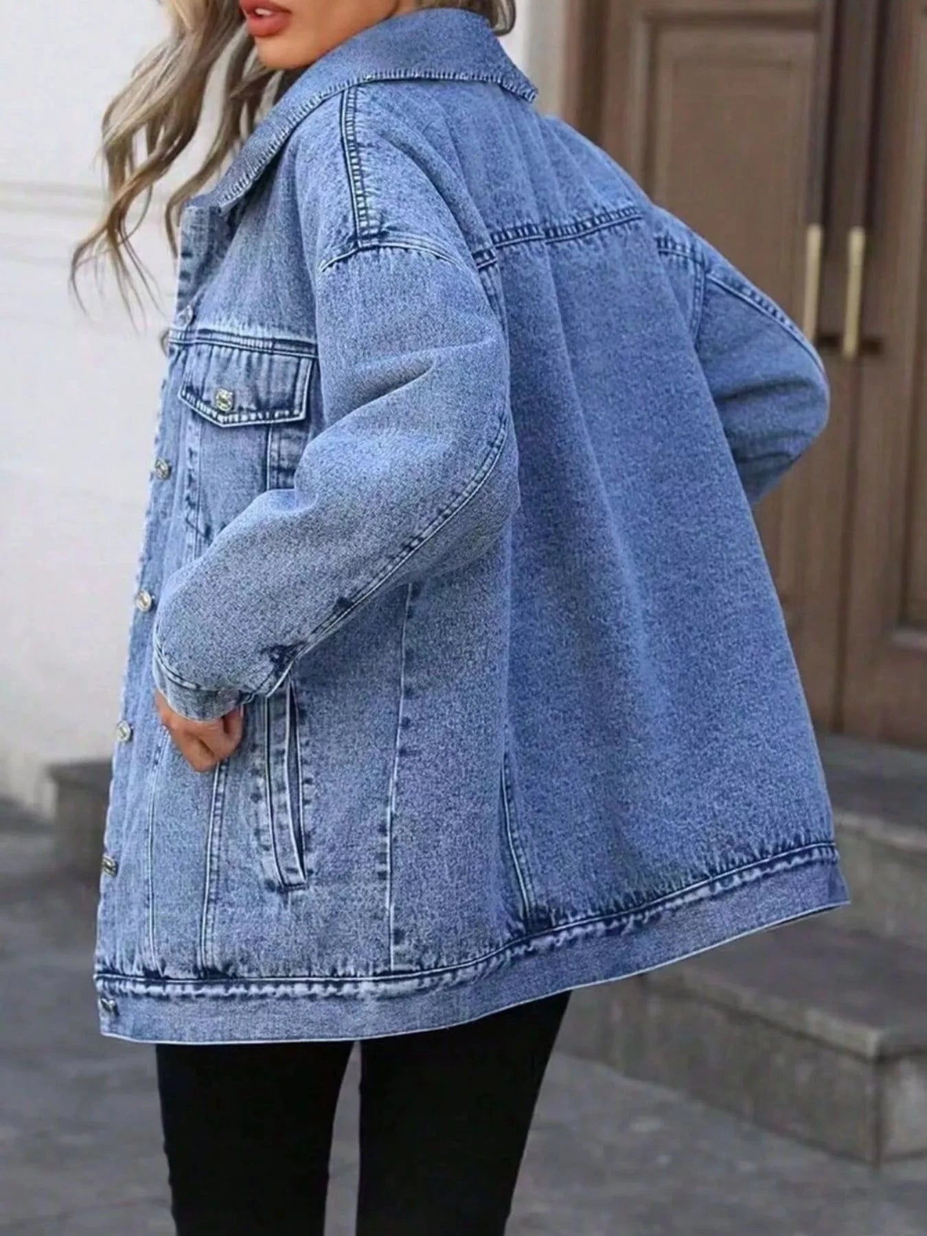 Washed Button Up Oversized Denim Jacket by Trendsi