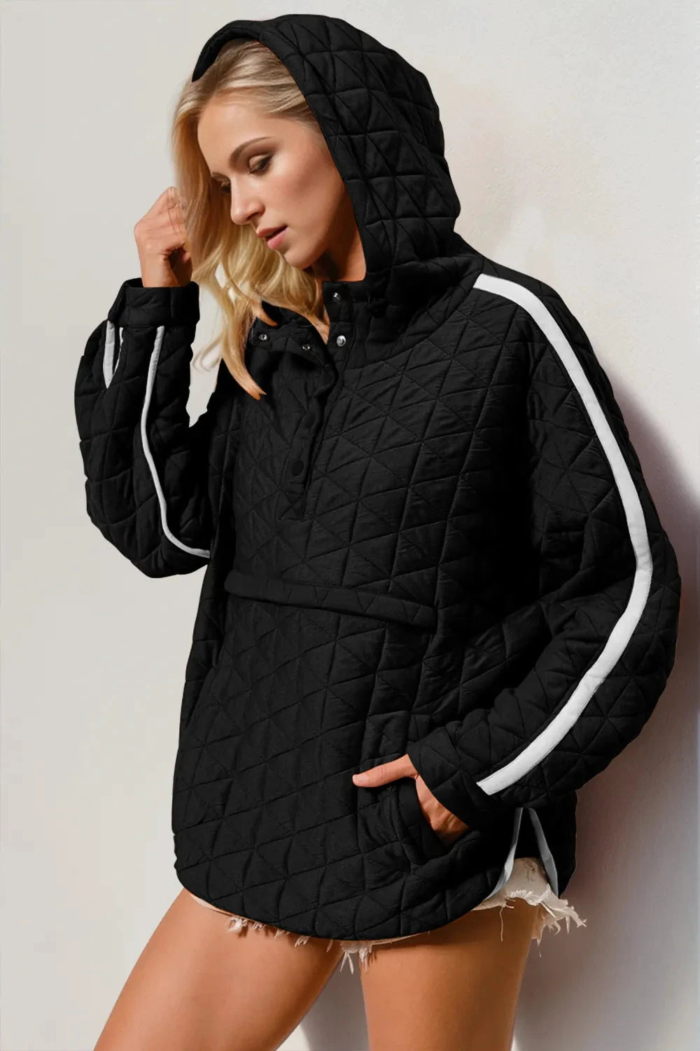 Double Take Contrast Trim Long Sleeve Half Snap Texture Hoodie with Pocket by Trendsi