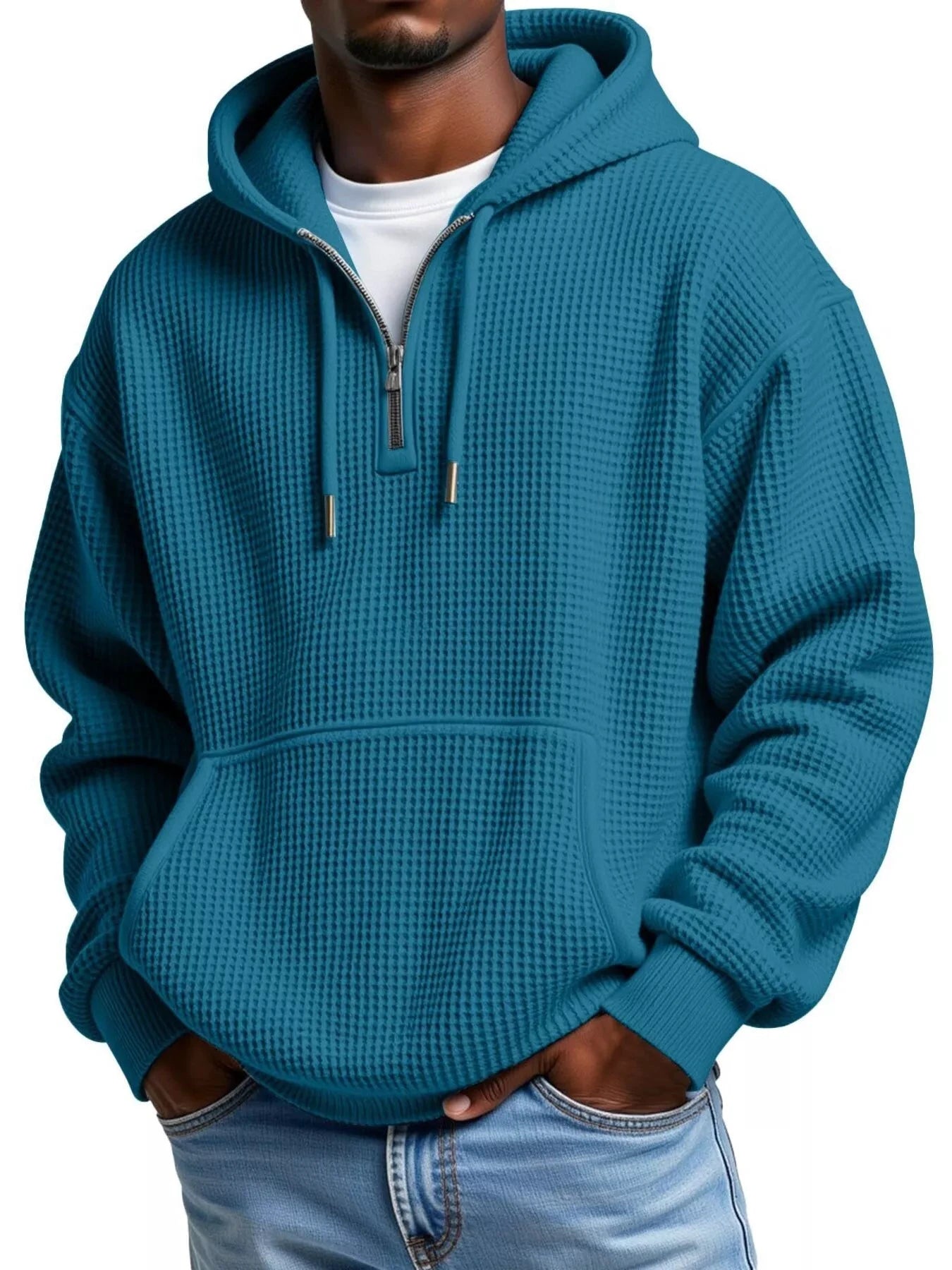Men's Full Size Textured Waffle Knit Half-Zip Hoodie Plus Size by Trendsi