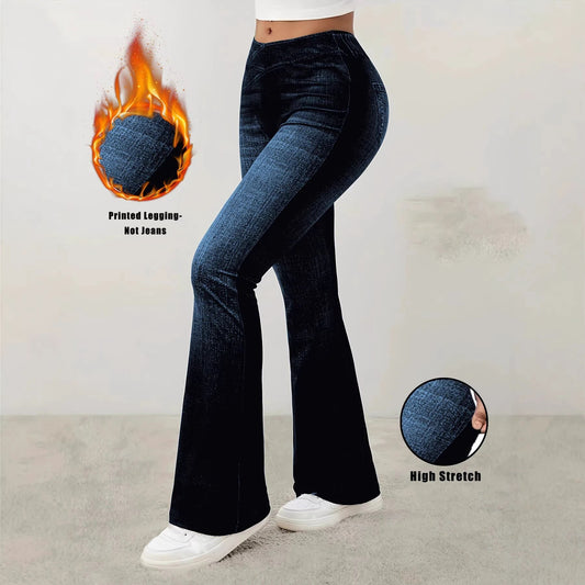 Womens Faux Denim High-waisted Flared Pants With A Printed Design by JeansDenim.Store