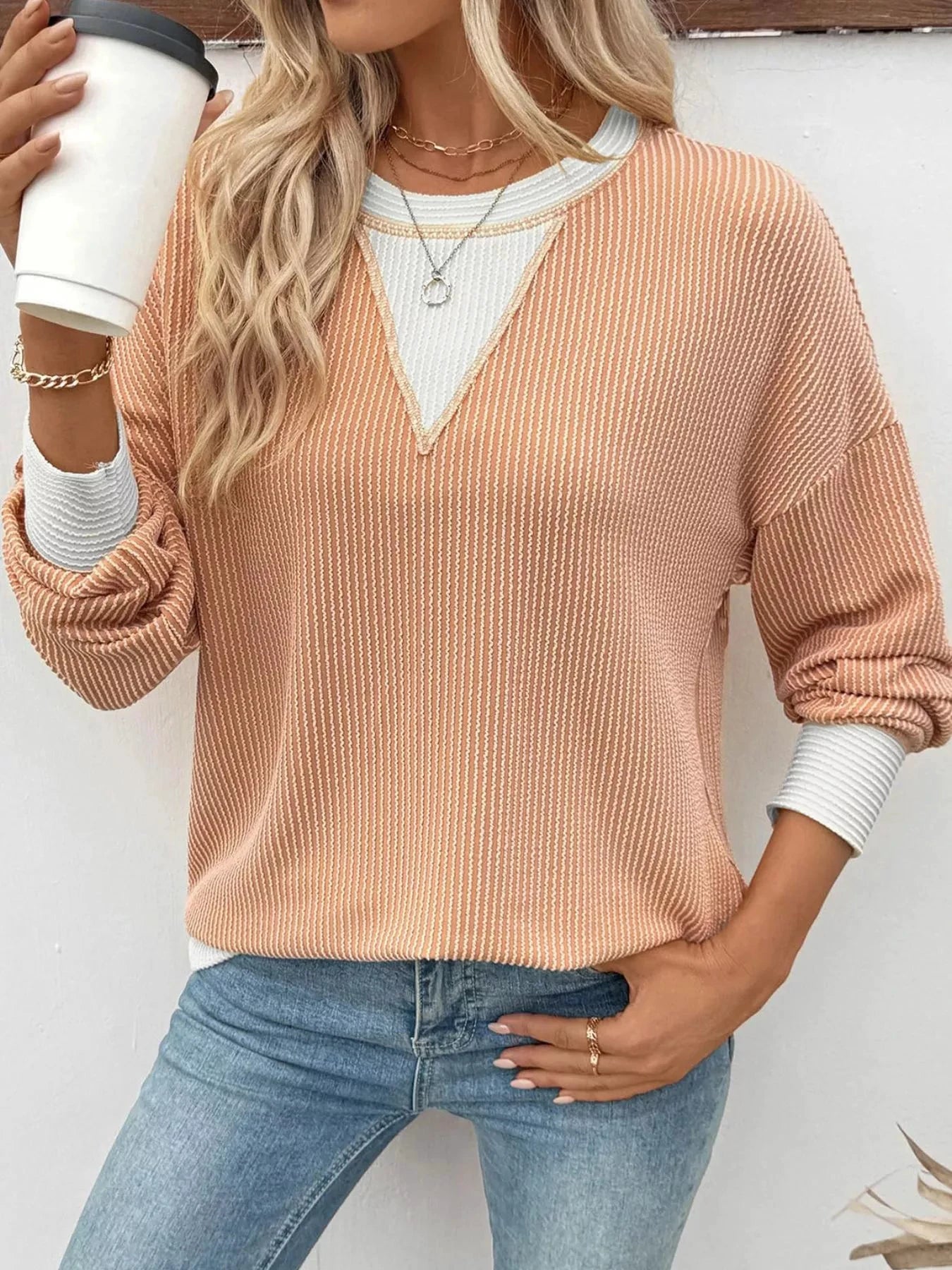 Contrast Dropped Shoulder Sweatshirt by Trendsi