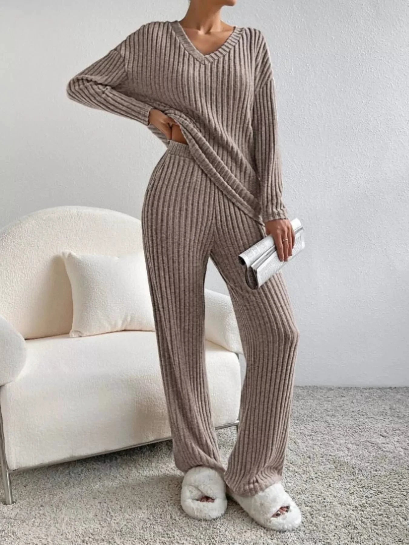Ribbed Knit V-Neck Top and Pants Set by Trendsi