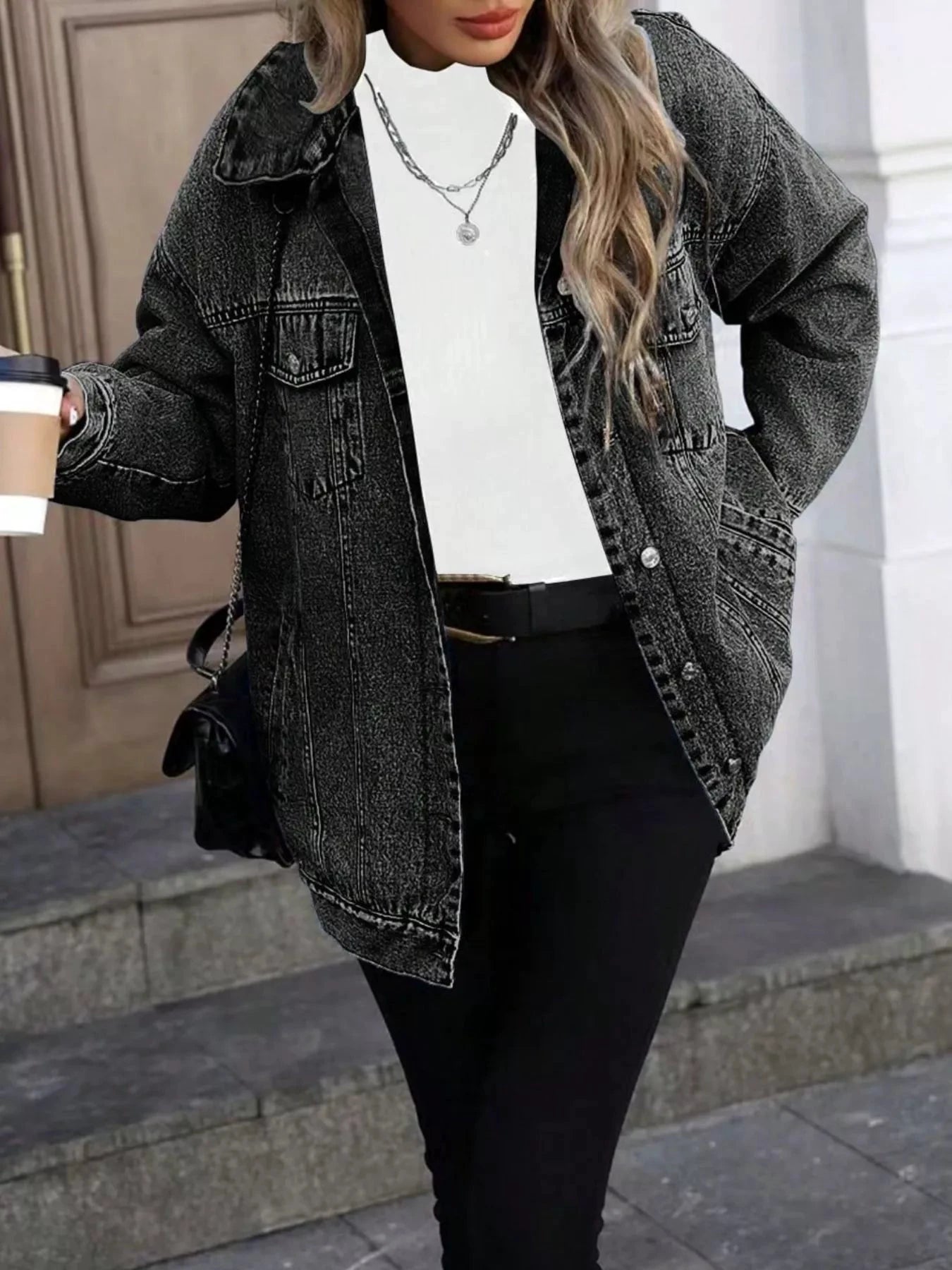 Washed Button Up Oversized Denim Jacket by Trendsi