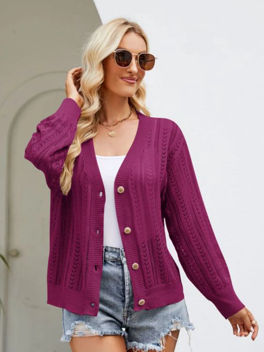 Button Down Ribbed Trim Cardigan by Trendsi