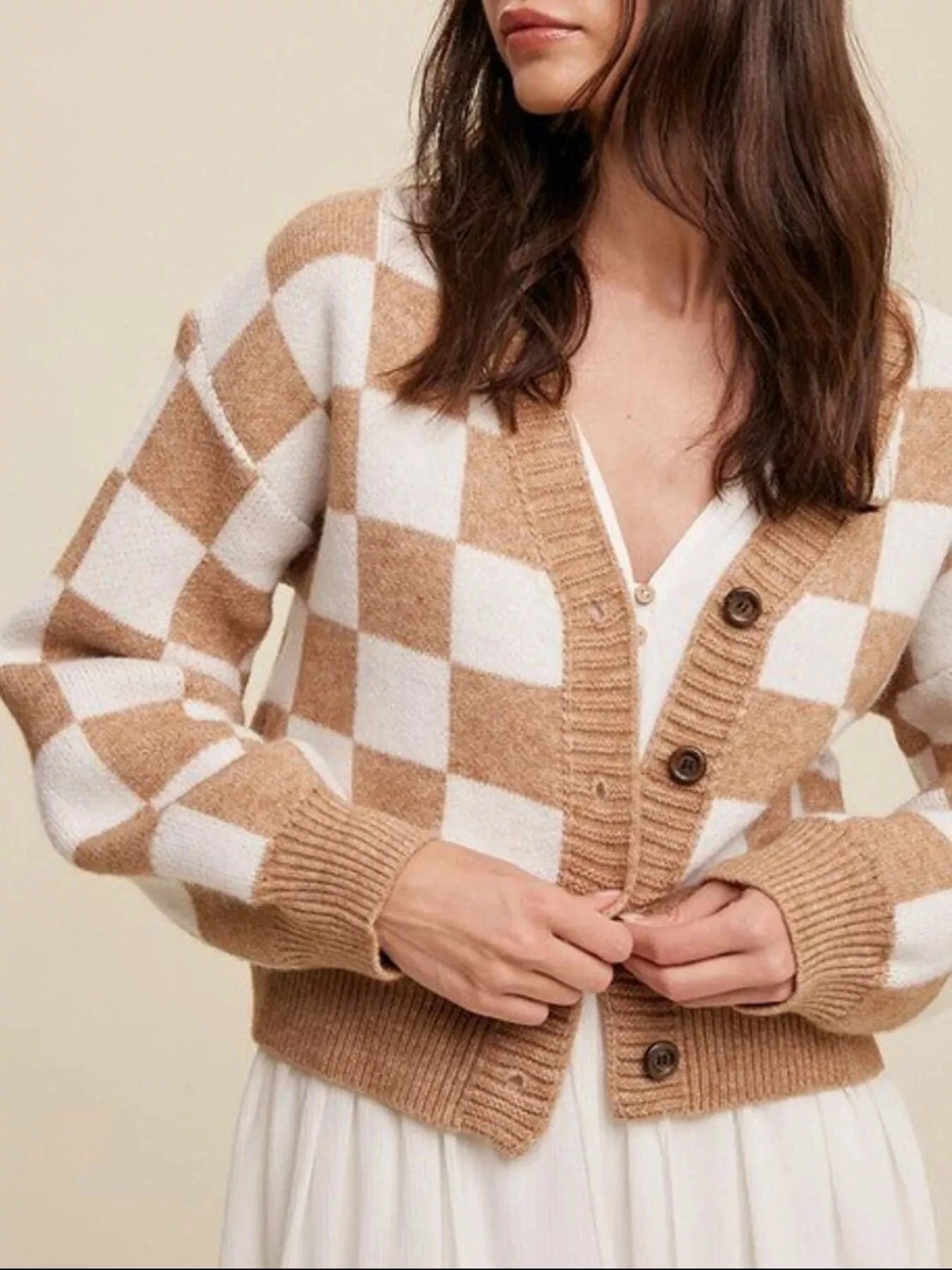 Checkerboard Pattern Button-Down Cardigan by Trendsi