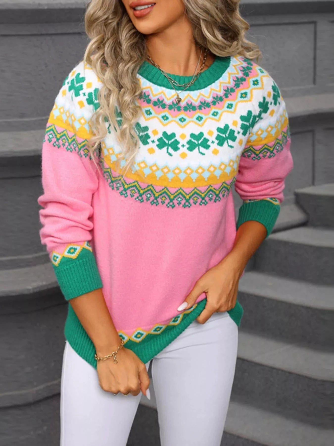 Clover Pattern Round Neck Knitted Sweater by Trendsi