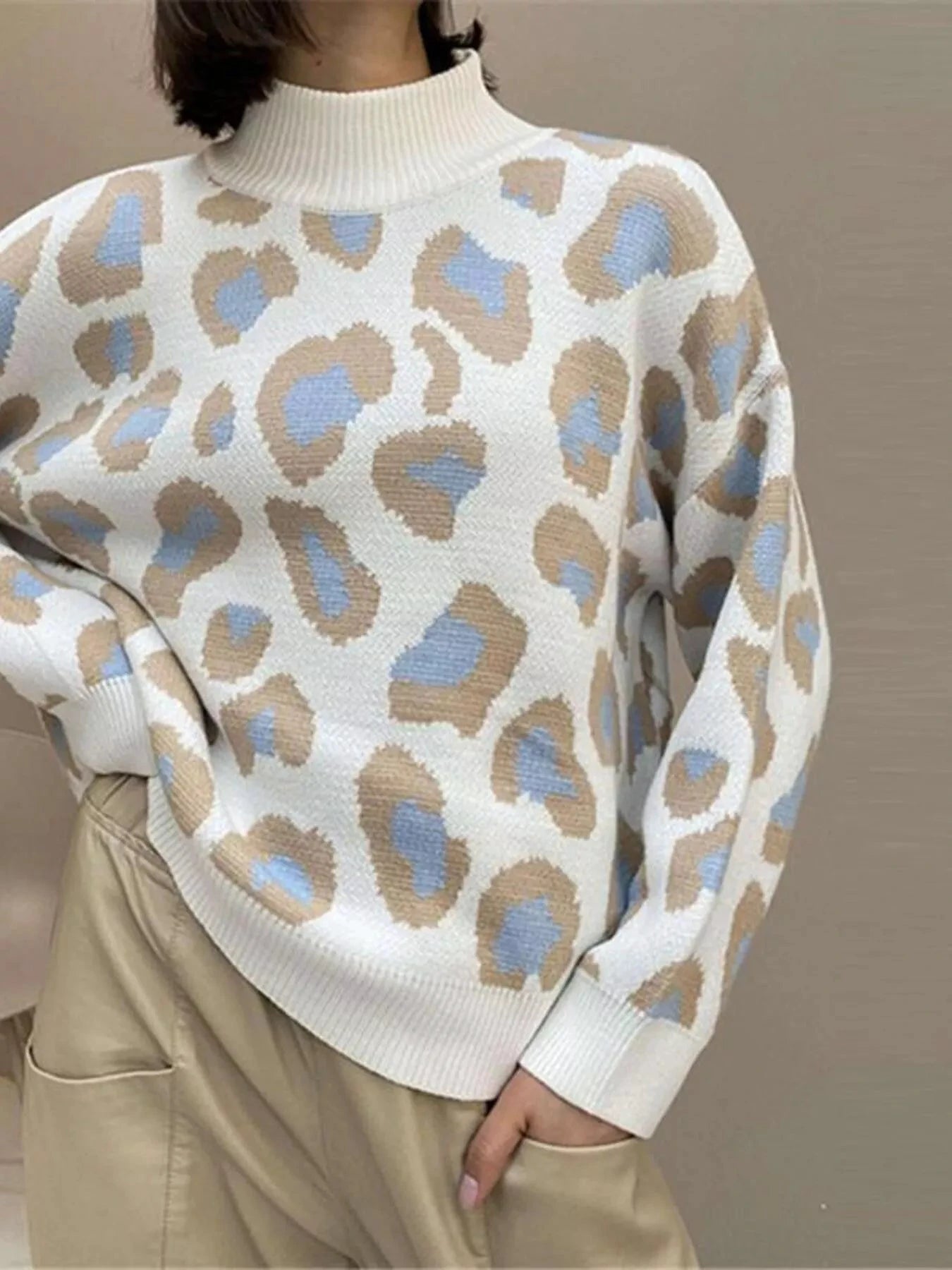 Leopard High Neck Sweater by Trendsi