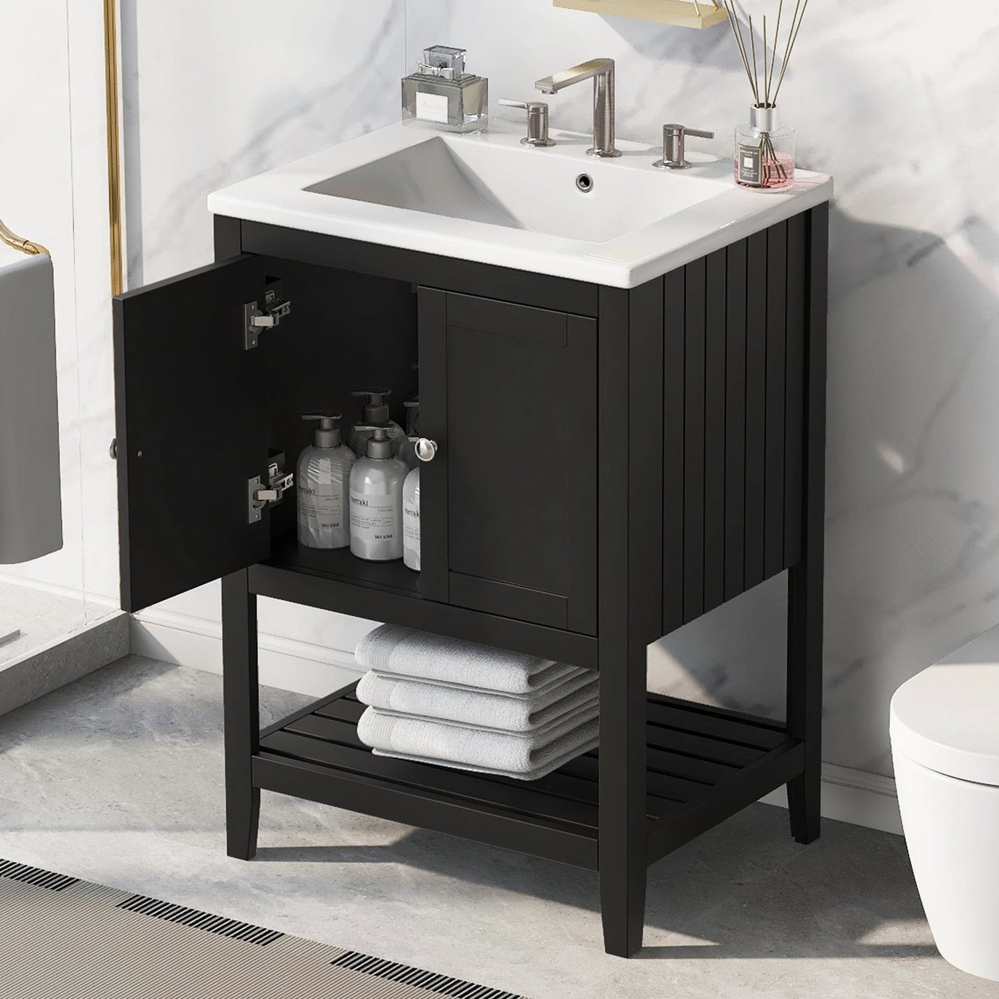 24" Black Modern Sleek Bathroom Vanity Elegant Ceramic Sink with Solid Wood Frame Open Style Shelf by eprolo