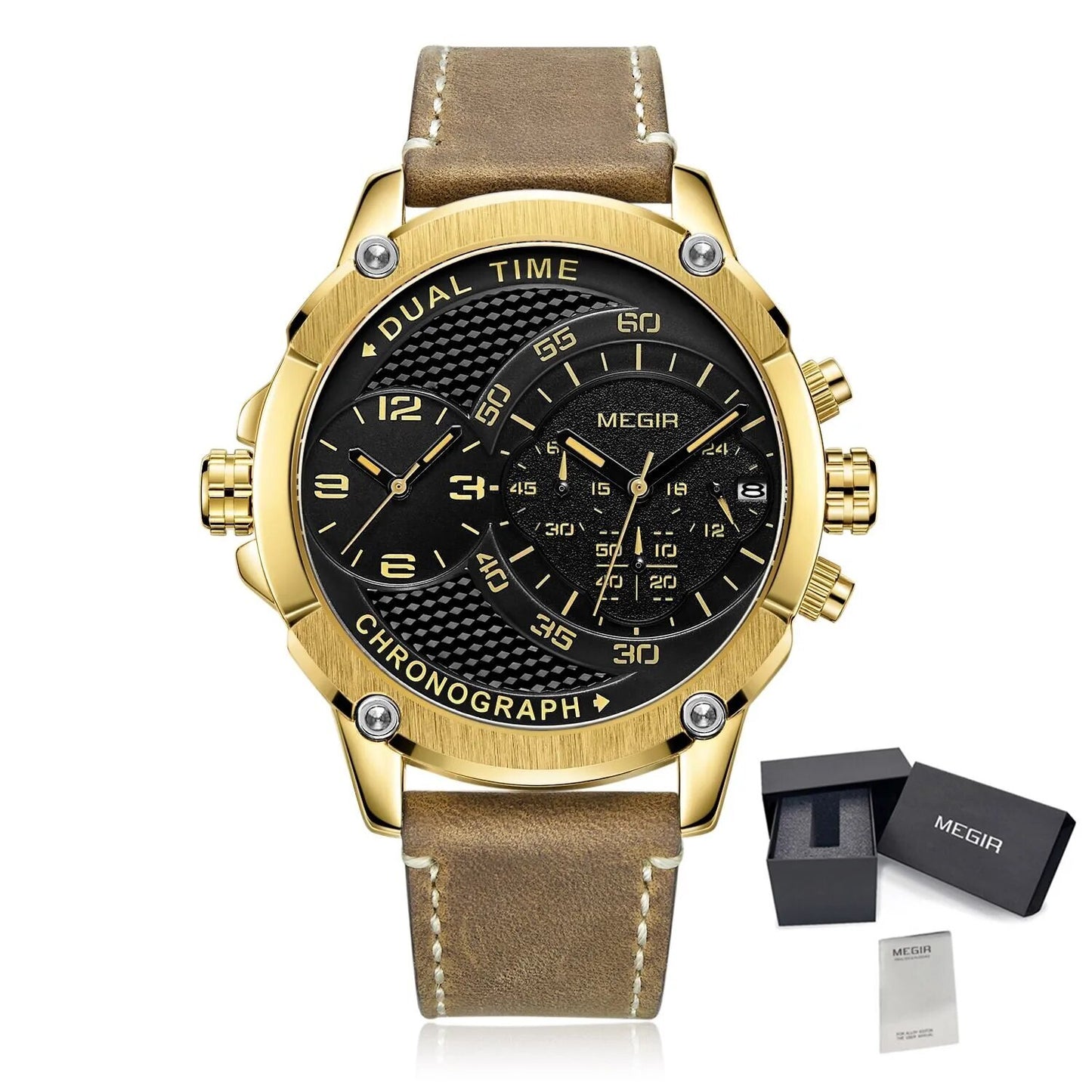 Luxury Men's Watches MEGIR Chronograph Quartz Leather Band