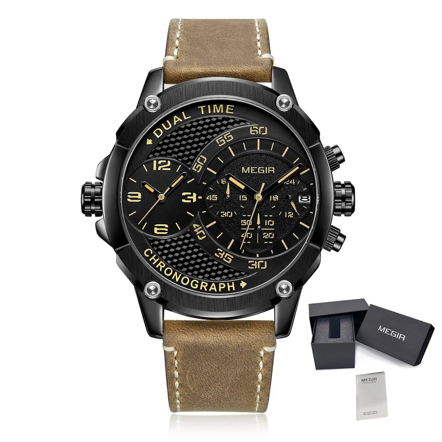 Luxury Men's Watches MEGIR Chronograph Quartz Leather Band