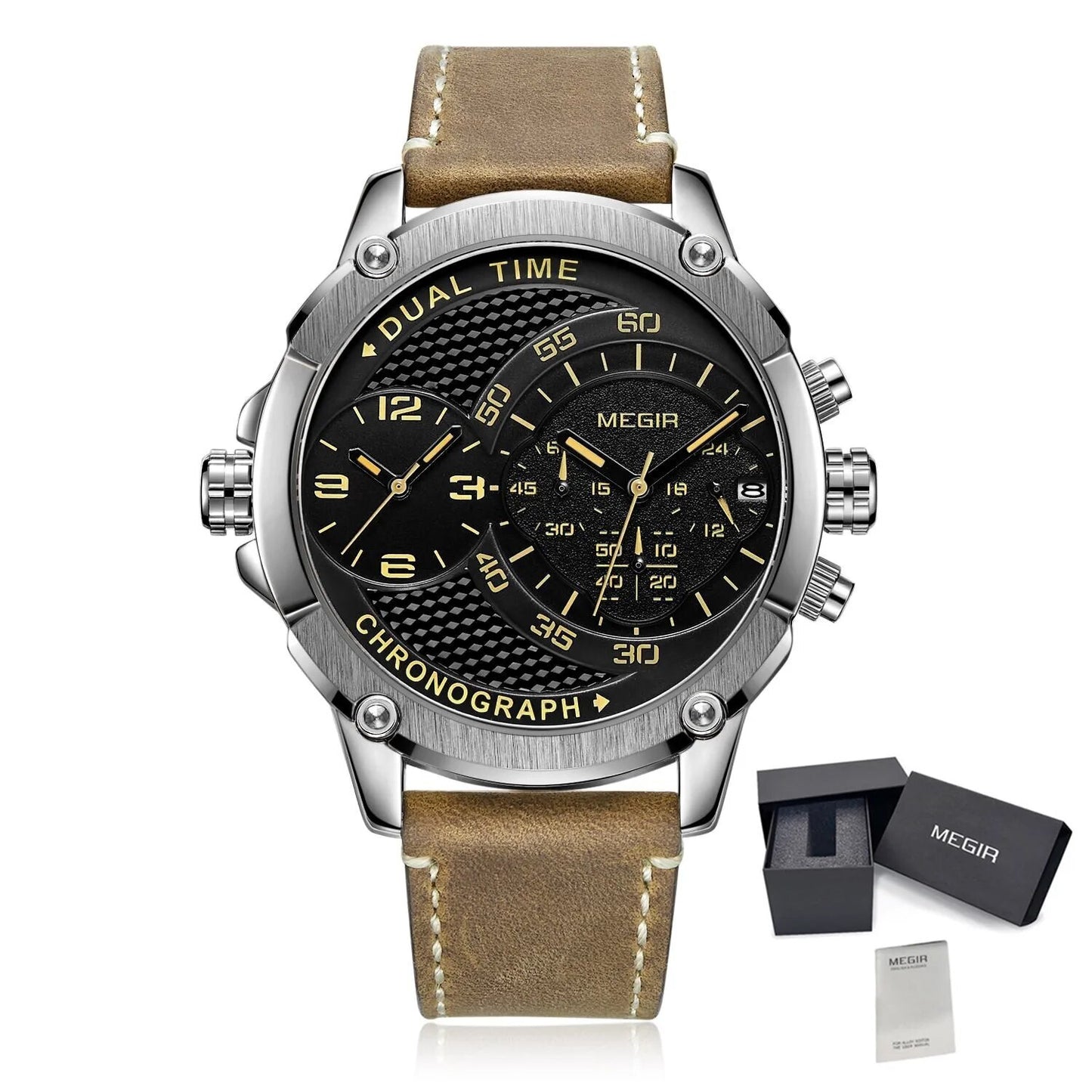Luxury Men's Watches MEGIR Chronograph Quartz Leather Band