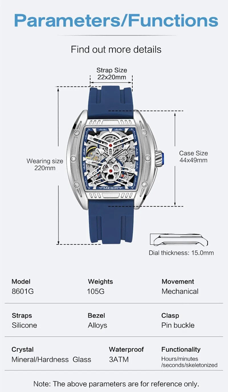 Montre de sport Megir pour homme, mouvement mécanique automatique, bracelet en silicone lumineux