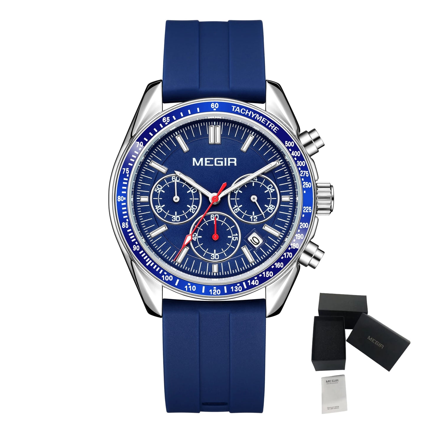 Montre chronographe à quartz analogique avec bracelet en silicone et calendrier