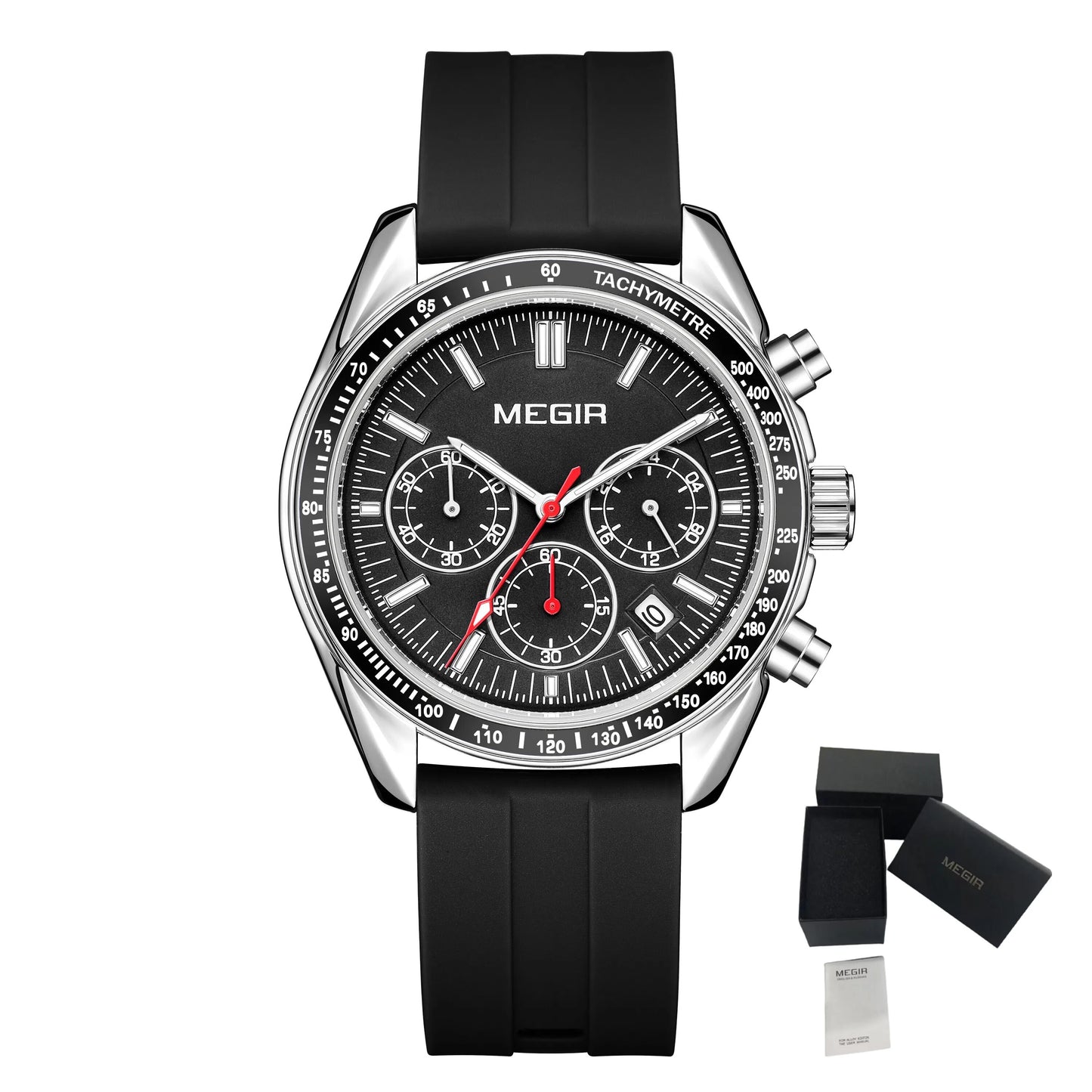 Montre chronographe à quartz analogique avec bracelet en silicone et calendrier