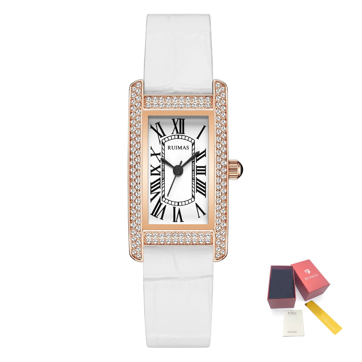 Montre-bracelet de luxe à quartz carrée pour femme RUIMAS, en cuir or rose.