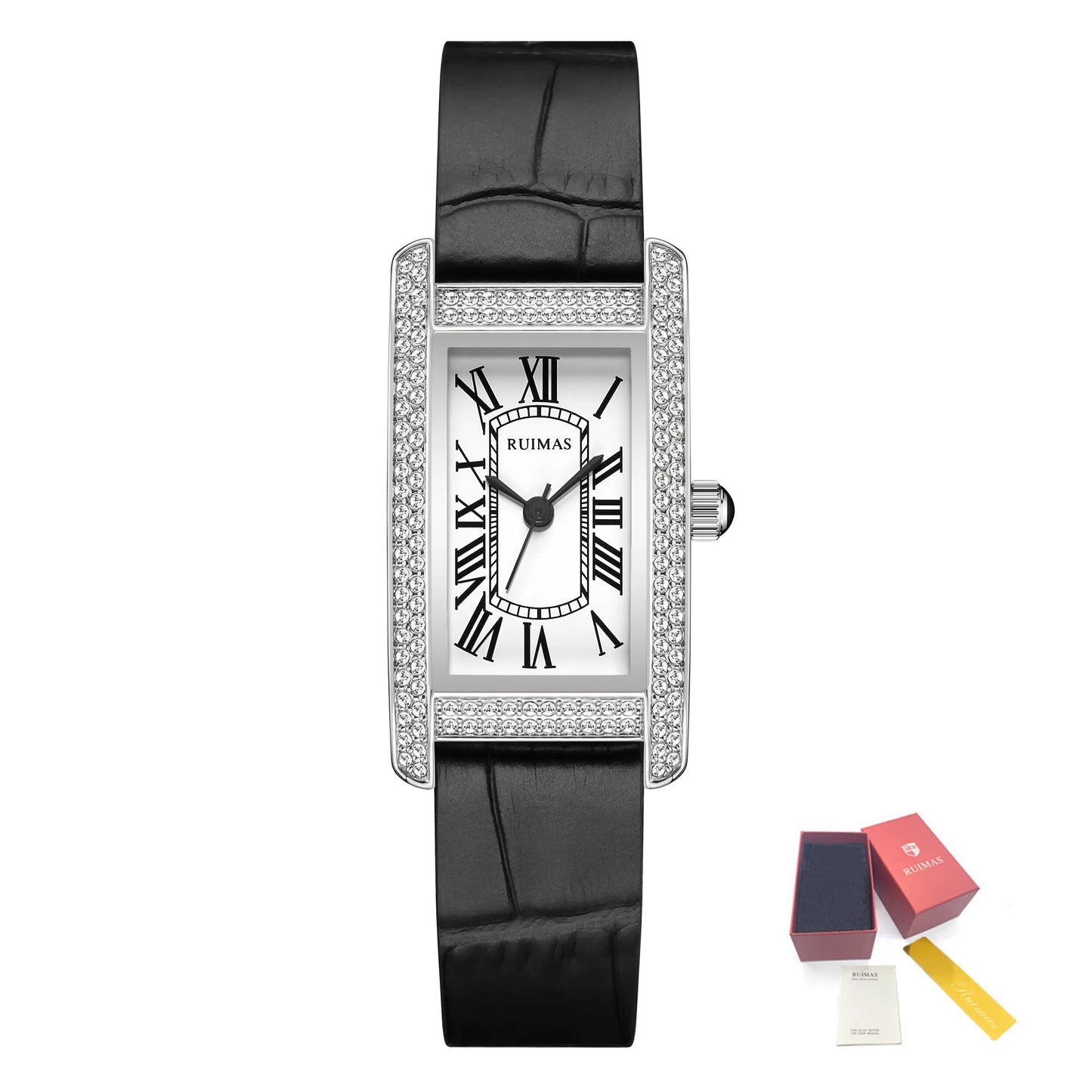 Montre-bracelet de luxe à quartz carrée pour femme RUIMAS, en cuir or rose.