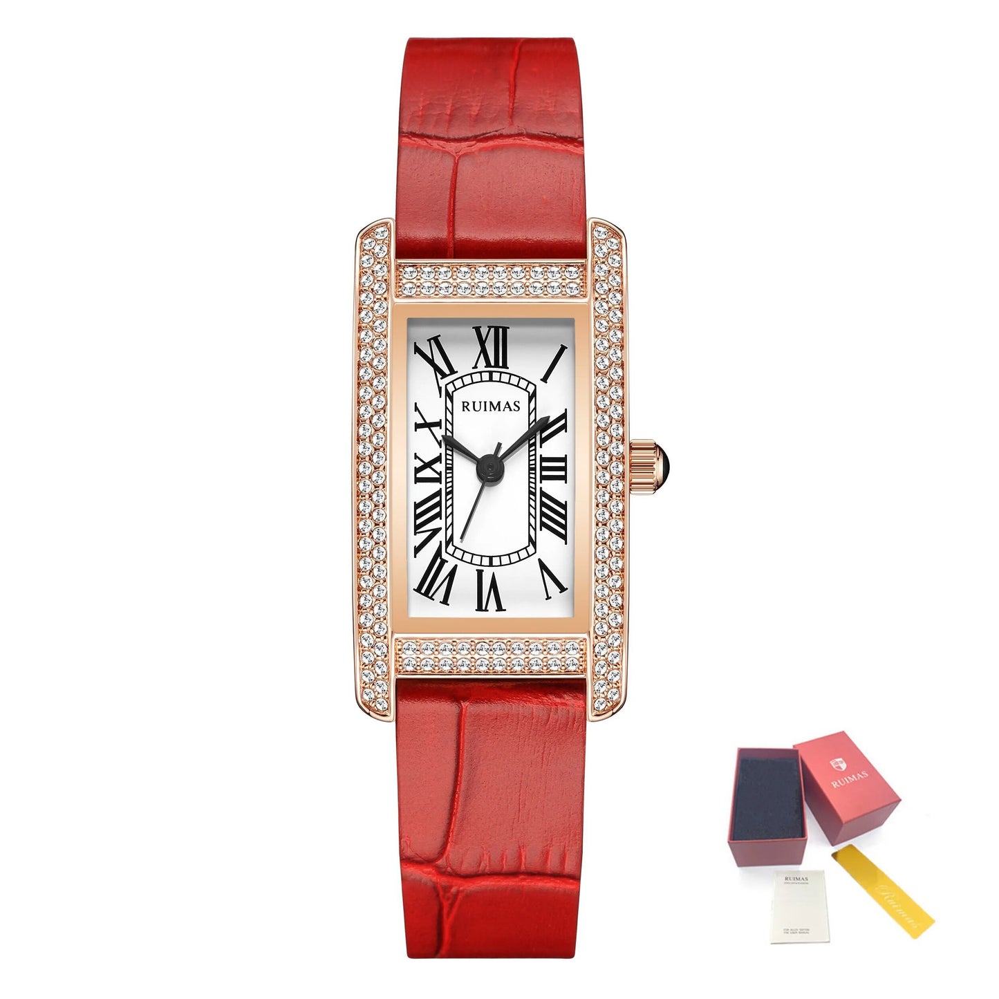 Montre-bracelet de luxe à quartz carrée pour femme RUIMAS, en cuir or rose.