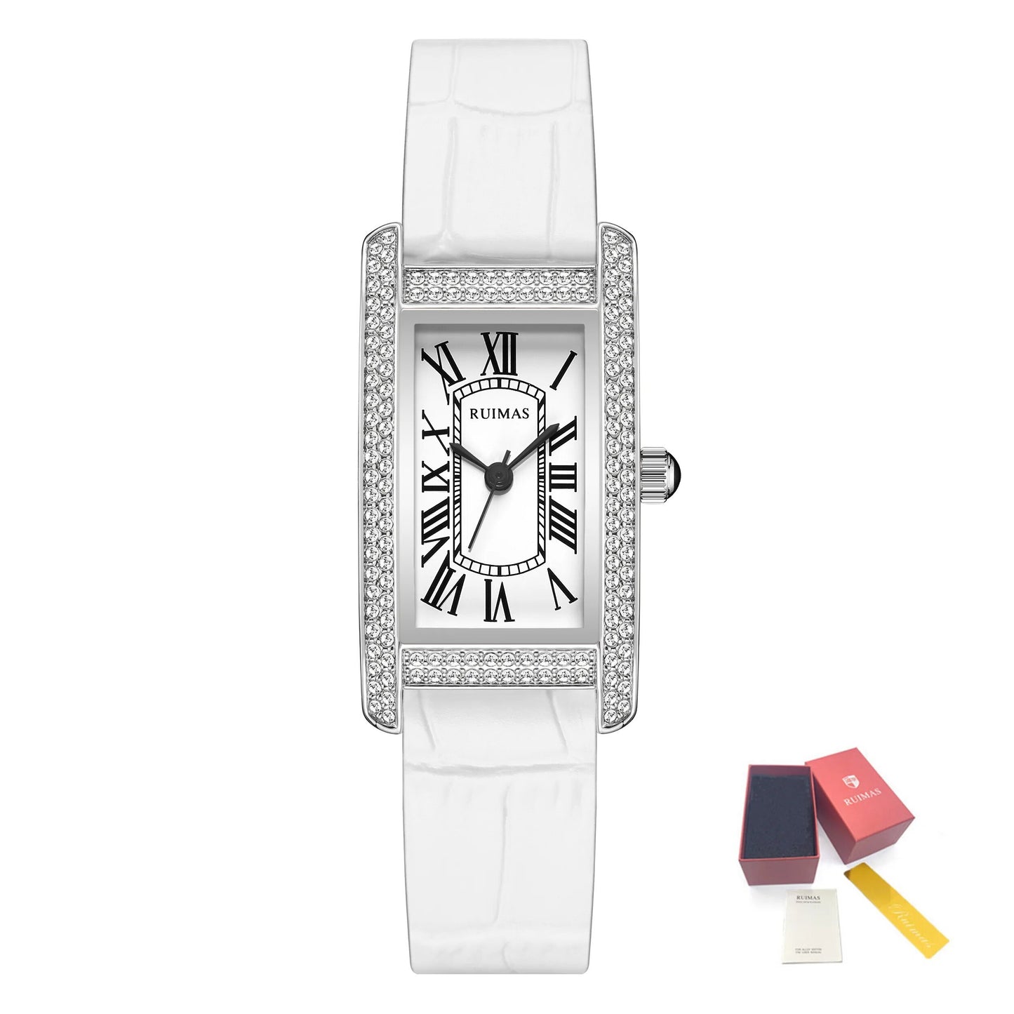 Montre-bracelet de luxe à quartz carrée pour femme RUIMAS, en cuir or rose.