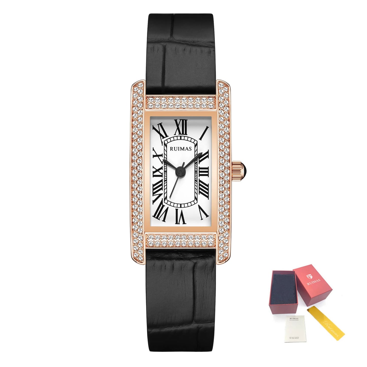 Montre-bracelet de luxe à quartz carrée pour femme RUIMAS, en cuir or rose.