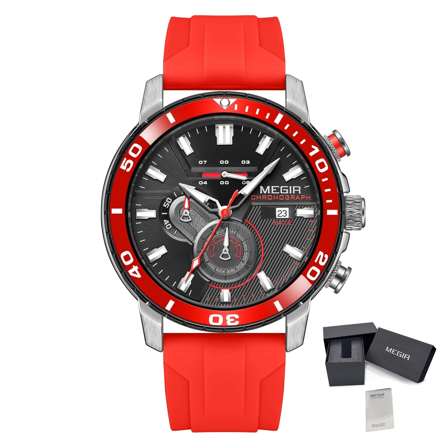 Luxury Men's Quartz Watch with Chronograph Function Water Resistant Silicone Band MEGIR Military Style Wristwatch