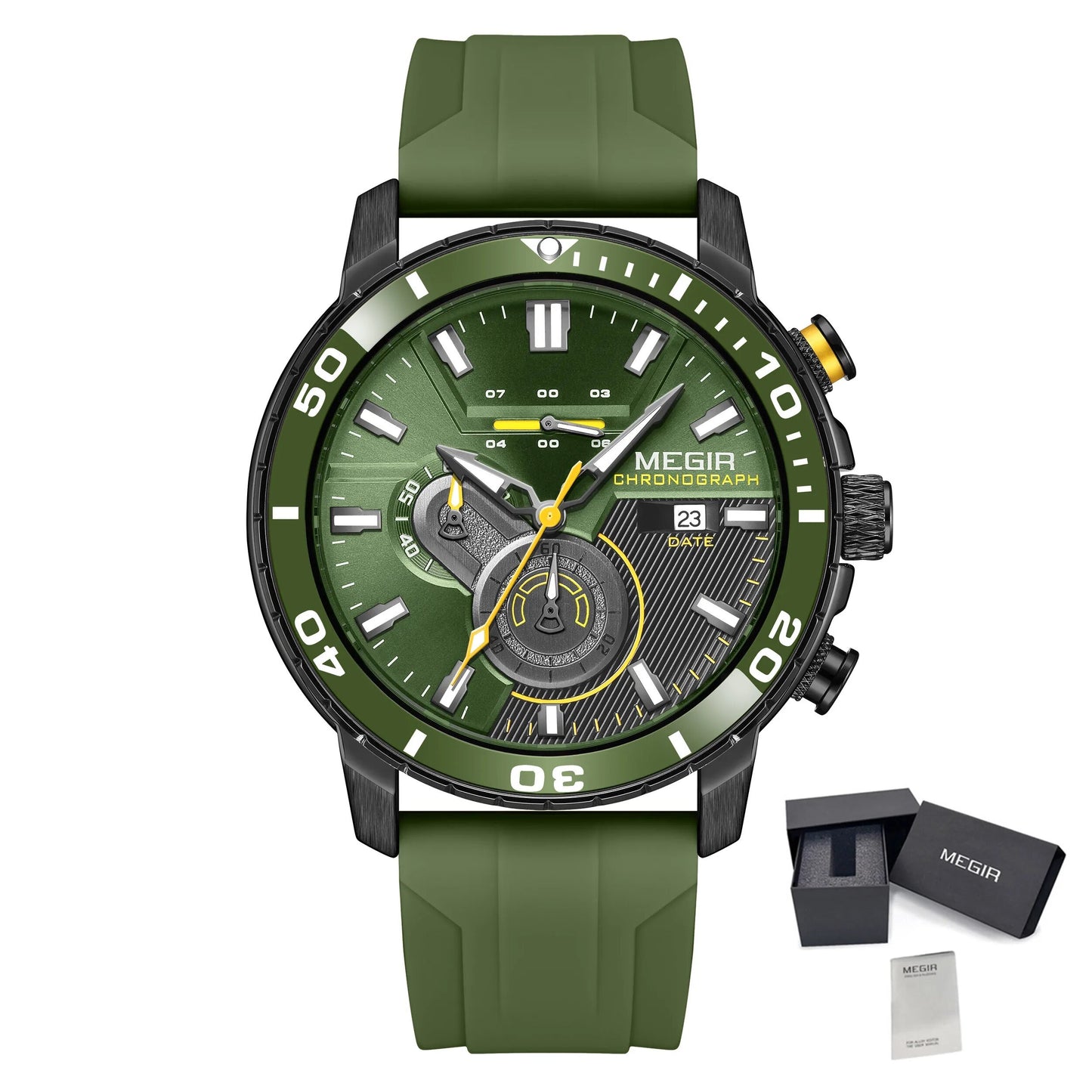 Luxury Men's Quartz Watch with Chronograph Function Water Resistant Silicone Band MEGIR Military Style Wristwatch