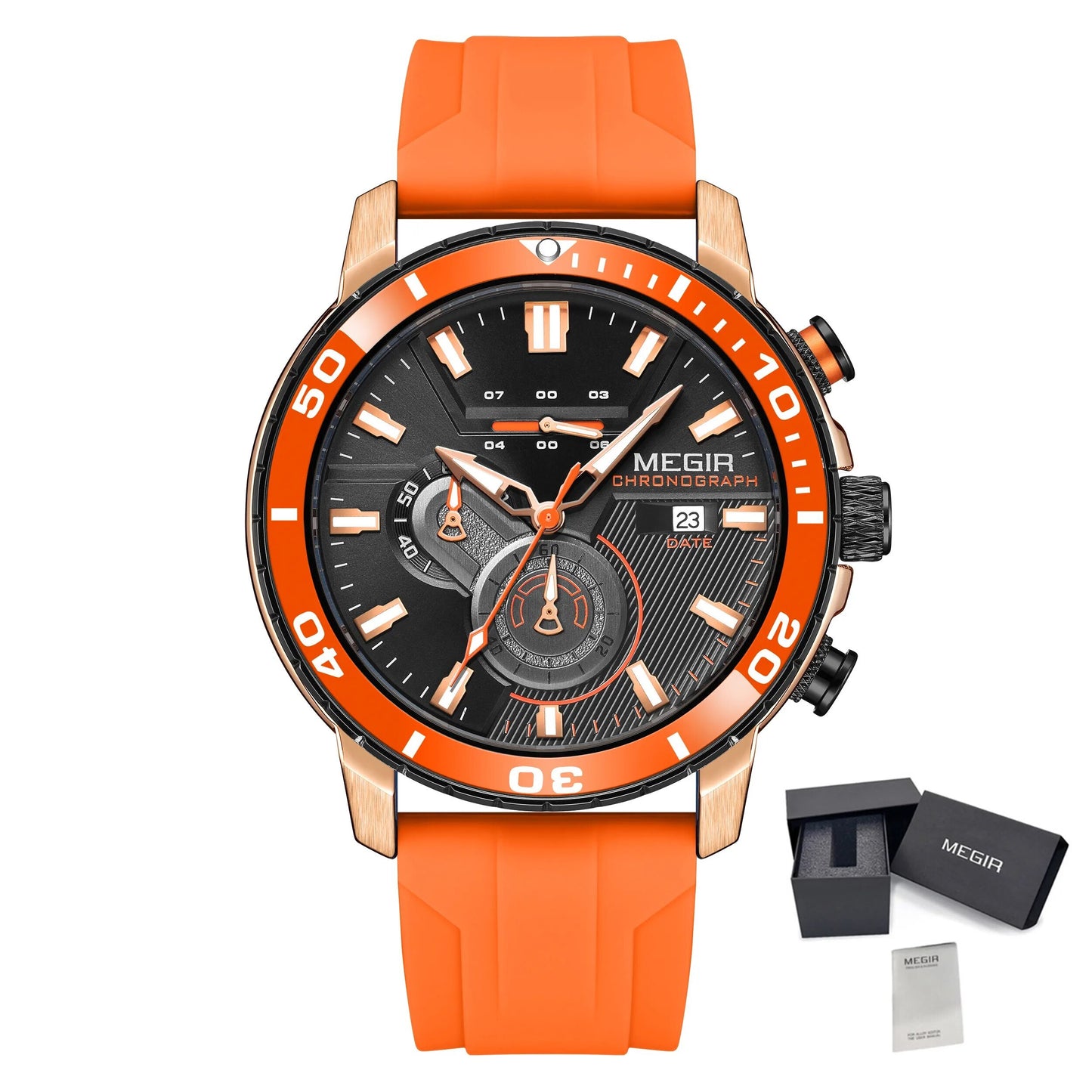 Luxury Men's Quartz Watch with Chronograph Function Water Resistant Silicone Band MEGIR Military Style Wristwatch