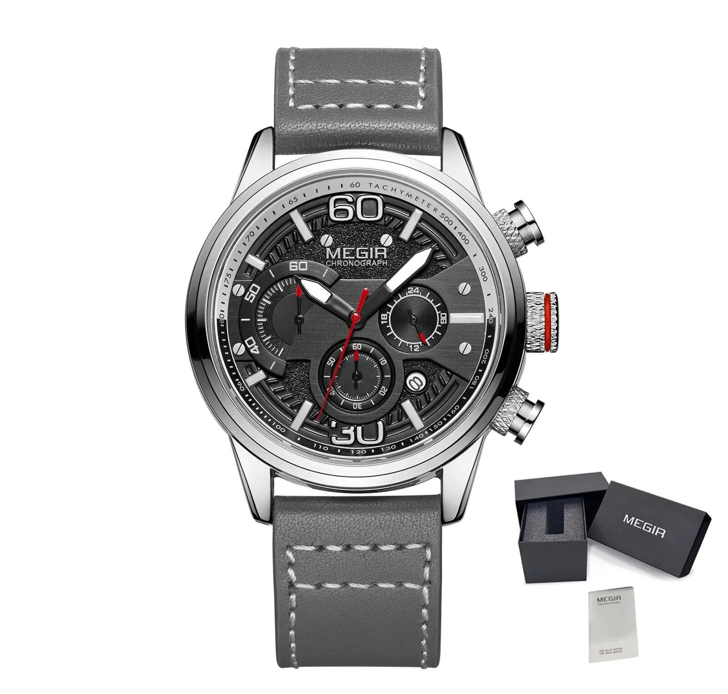 Mens MEGIR Watch Luxury Sport Quartz Chronograph Leather Strap 24hr Waterproof Relogio Masculino